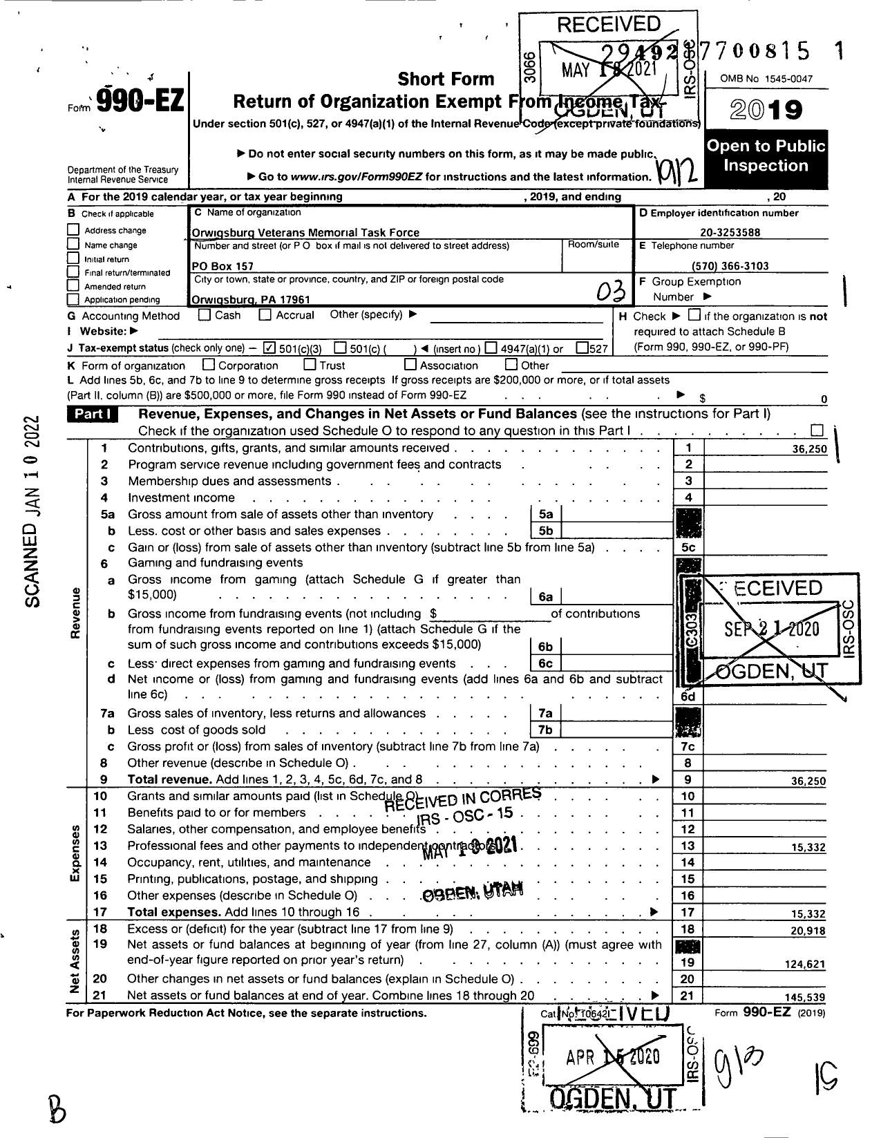 Image of first page of 2019 Form 990EZ for Orwigsburg Veterans Memorial Task Force