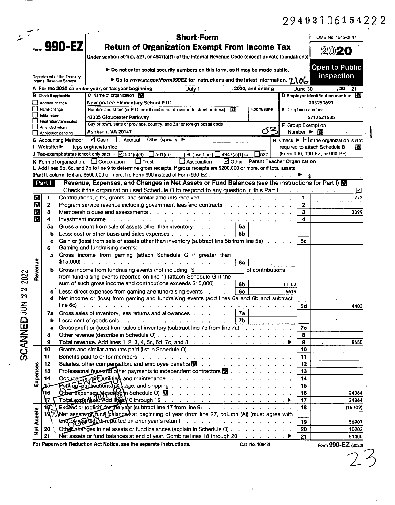 Image of first page of 2020 Form 990EZ for Newton-Lee Elementary School Pto