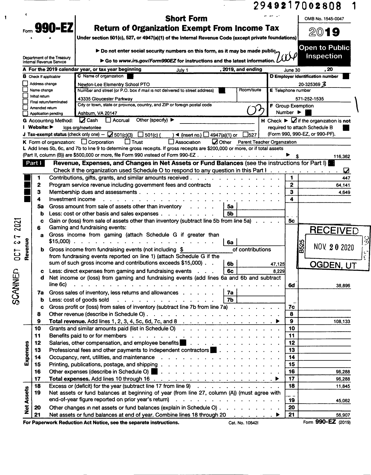 Image of first page of 2019 Form 990EZ for Newton-Lee Elementary School Pto