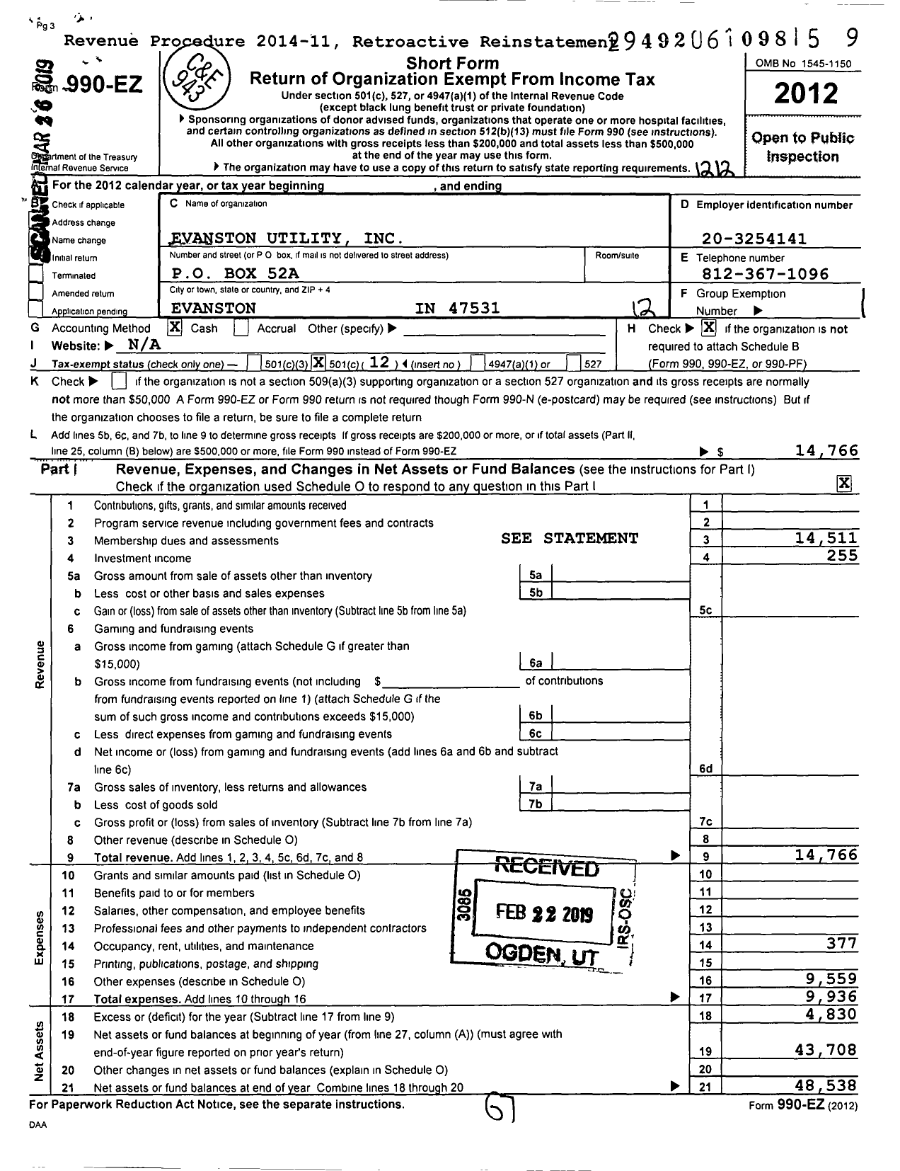 Image of first page of 2012 Form 990EO for Evanston Utility