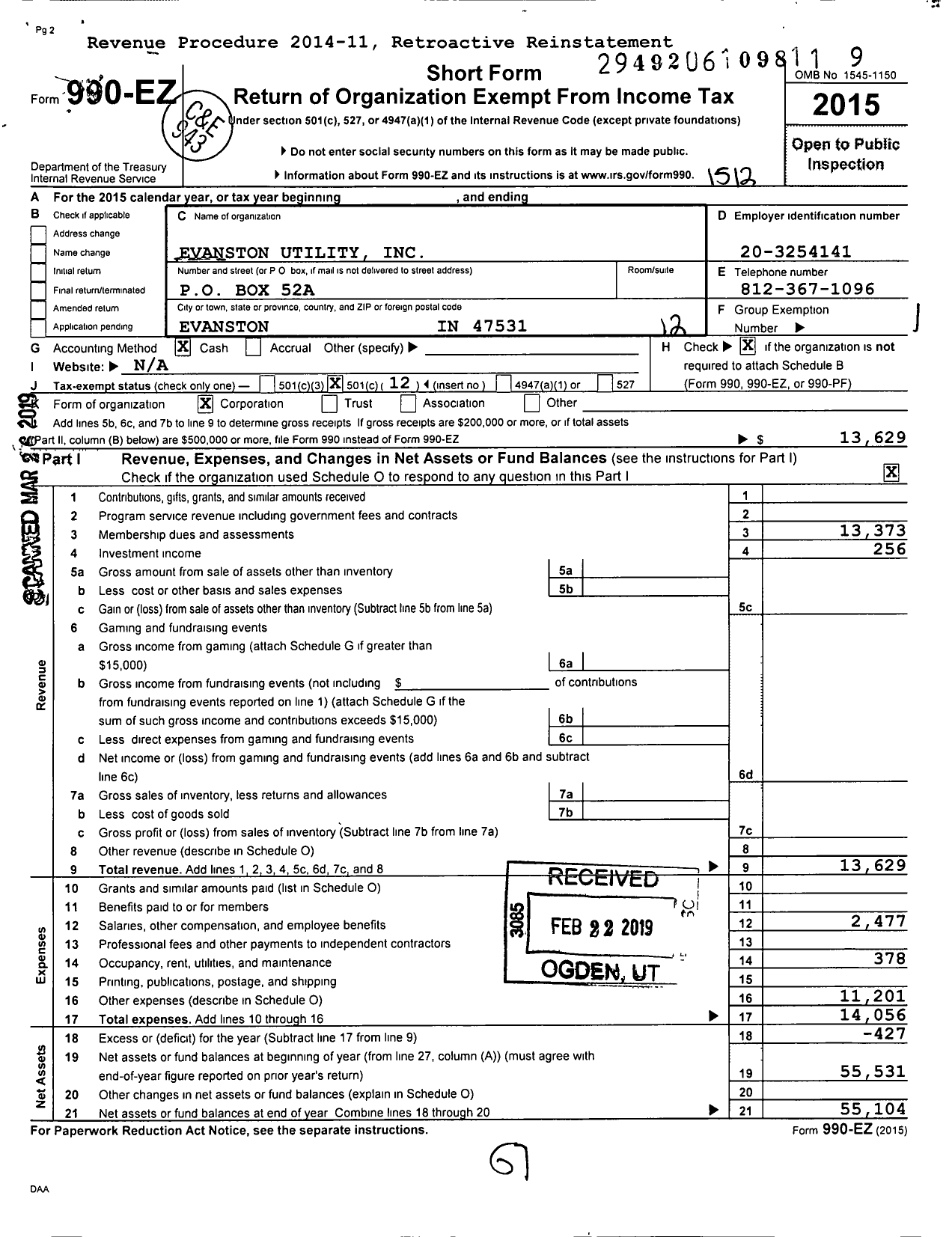 Image of first page of 2015 Form 990EO for Evanston Utility