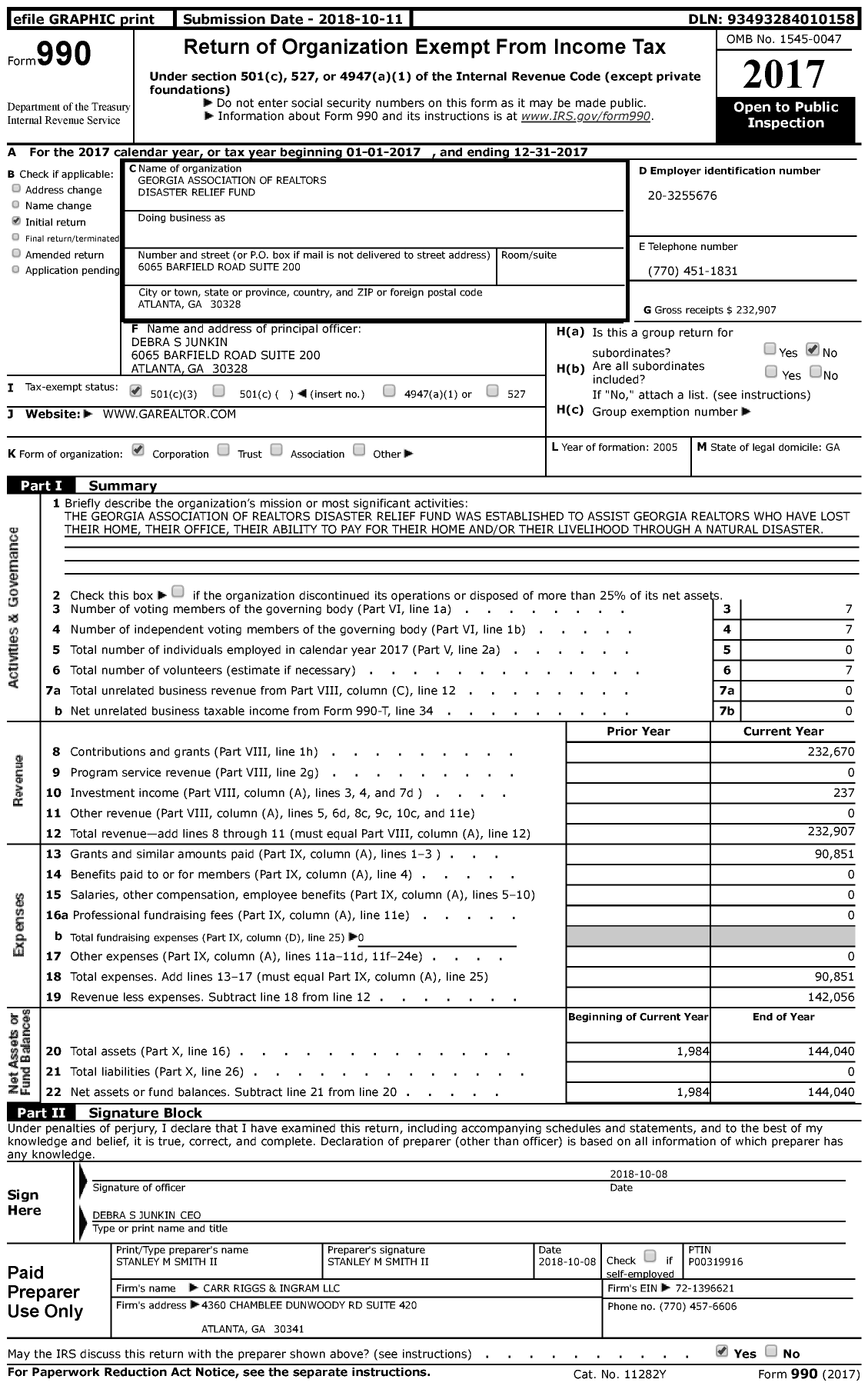 Image of first page of 2017 Form 990 for Georgia Association of Realtors Disaster Relief Fund