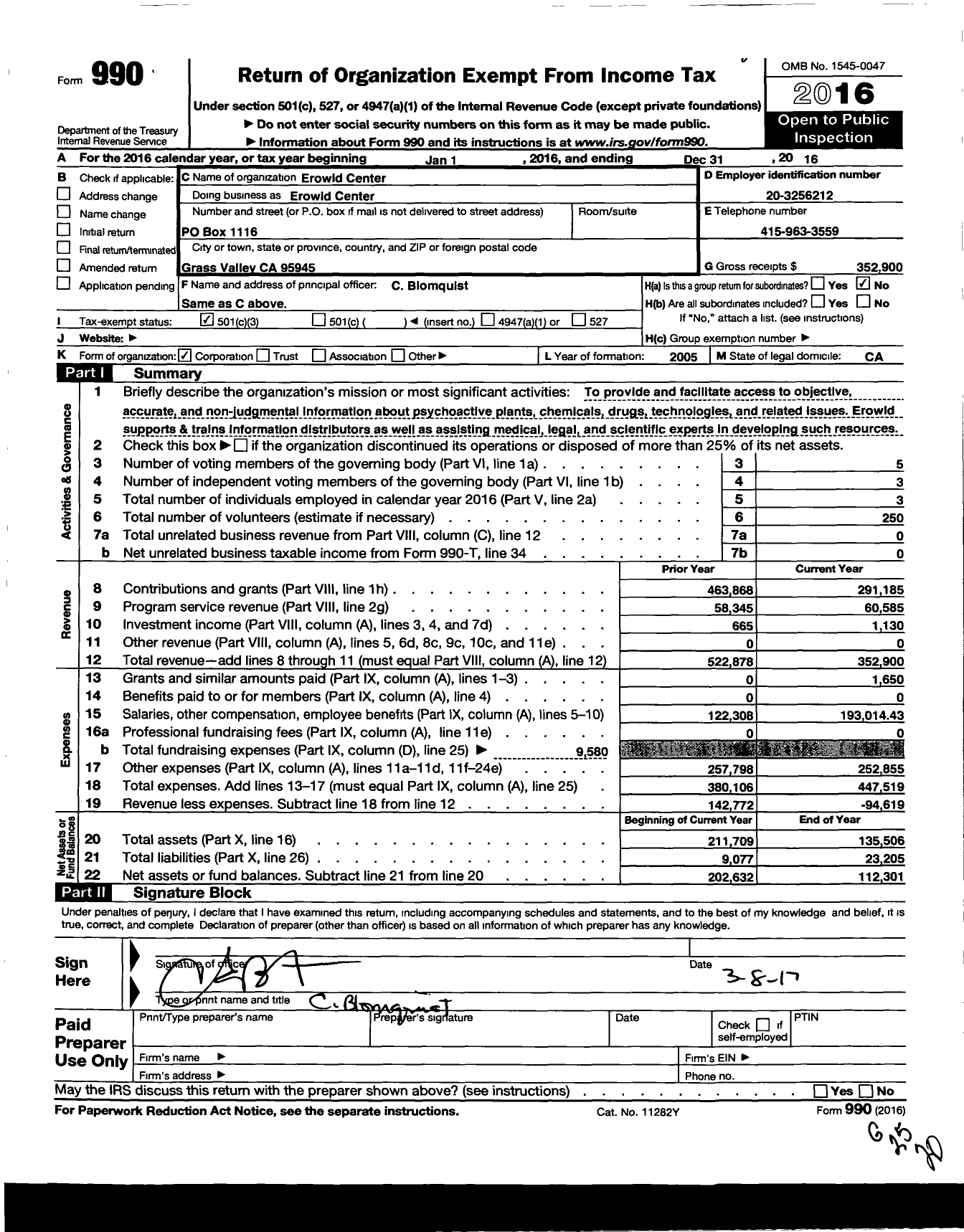 Image of first page of 2016 Form 990 for Erowid Center
