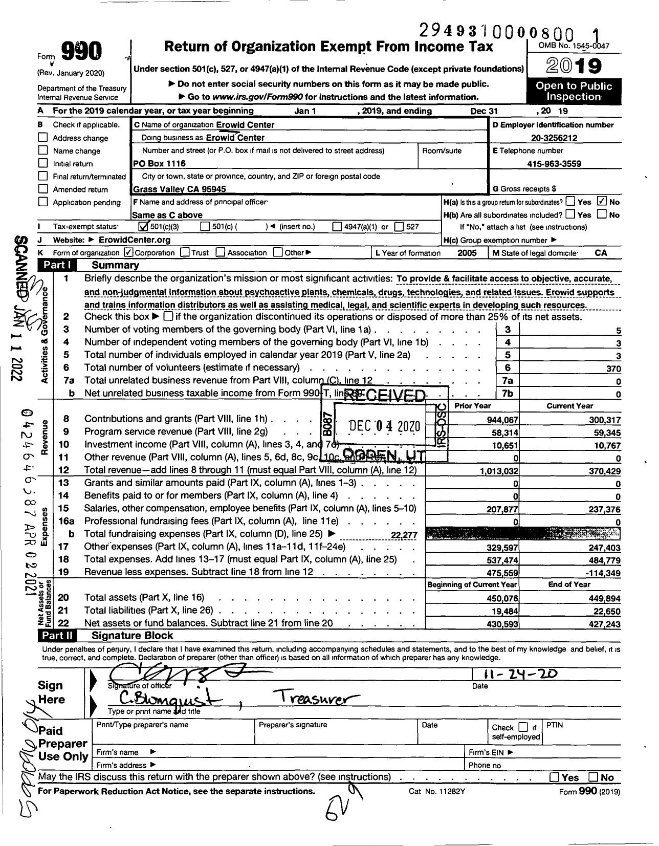 Image of first page of 2019 Form 990 for Erowid Center