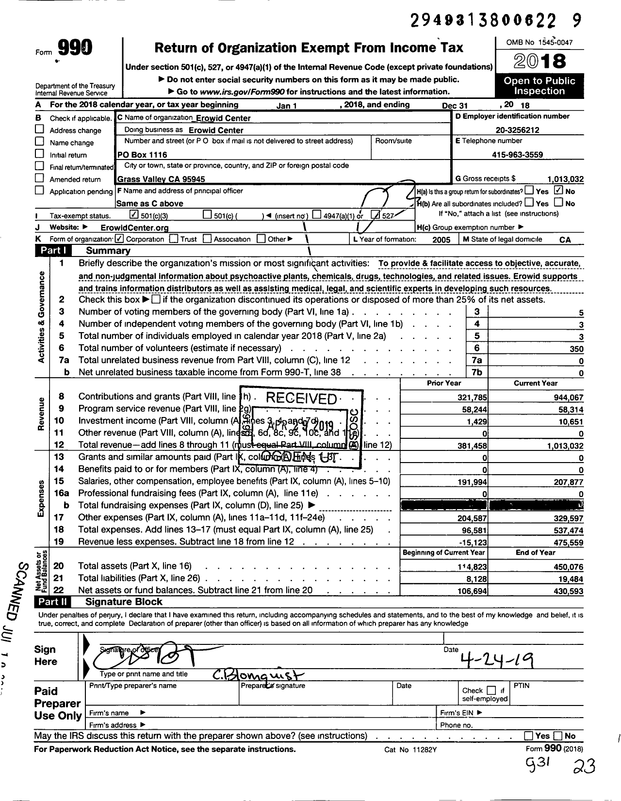 Image of first page of 2018 Form 990 for Erowid Center