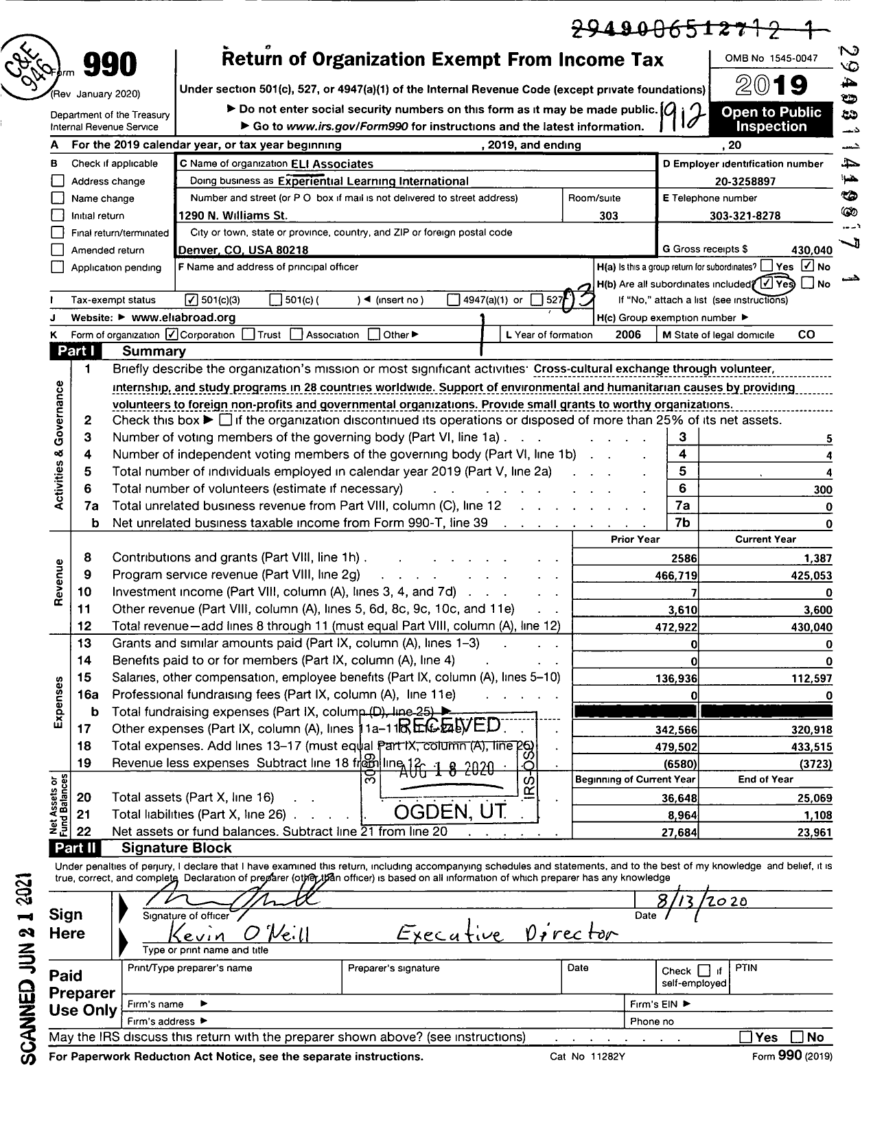 Image of first page of 2019 Form 990 for Experiential Learning International