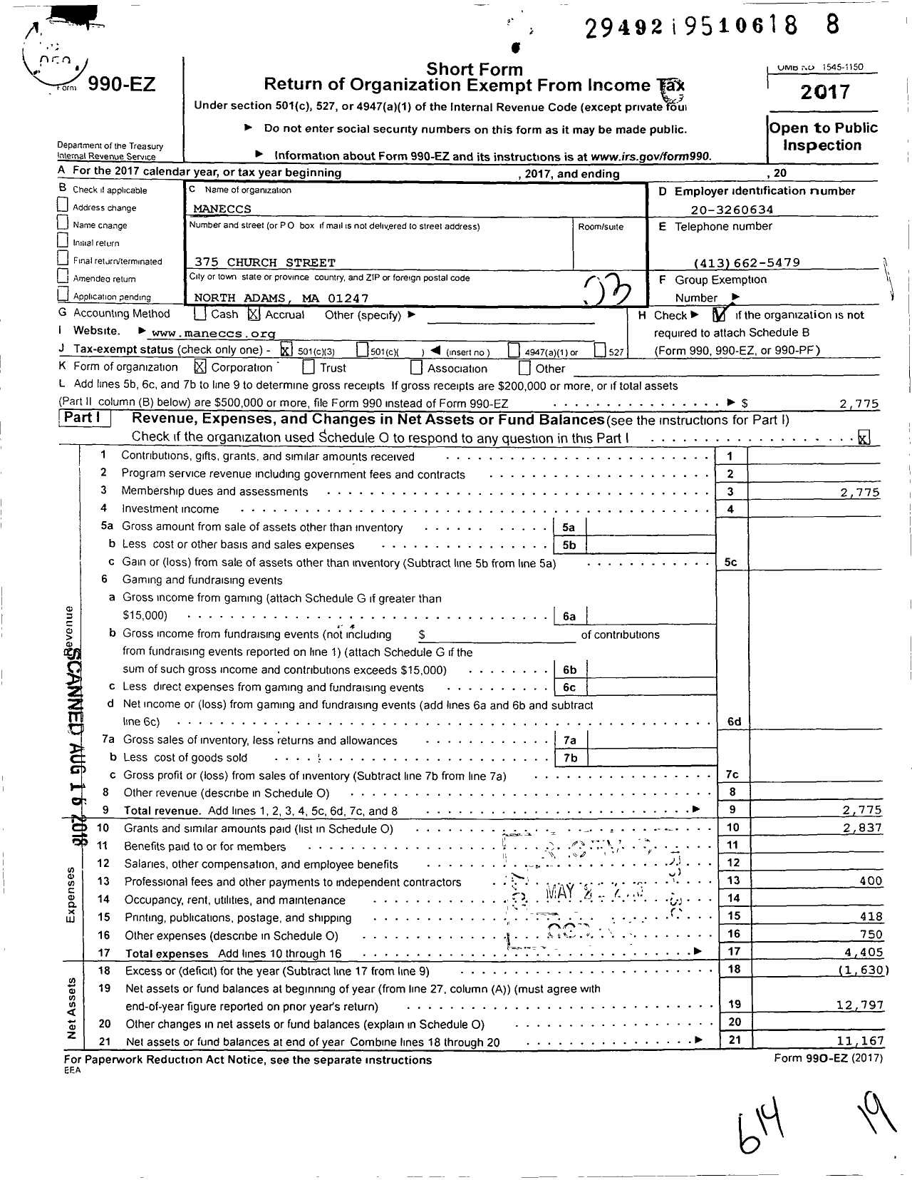 Image of first page of 2017 Form 990EZ for Maneccs