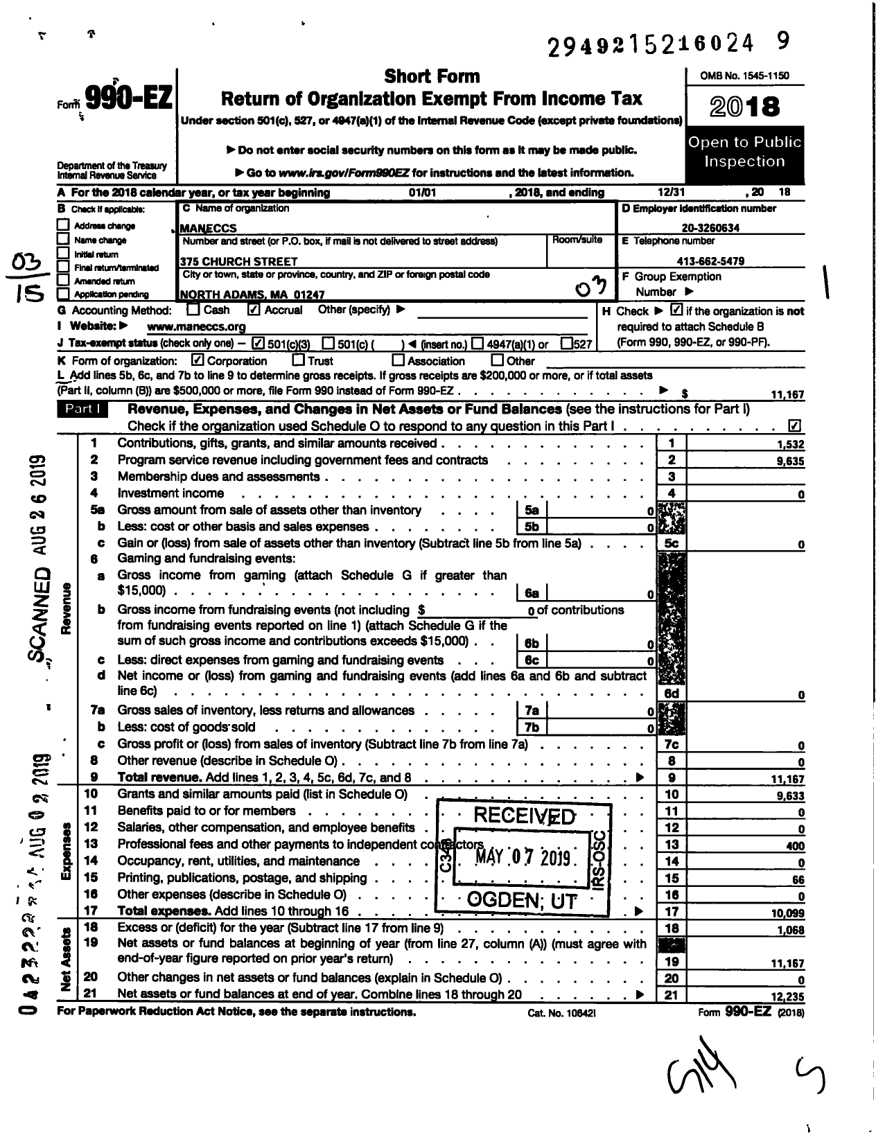 Image of first page of 2018 Form 990EZ for Maneccs