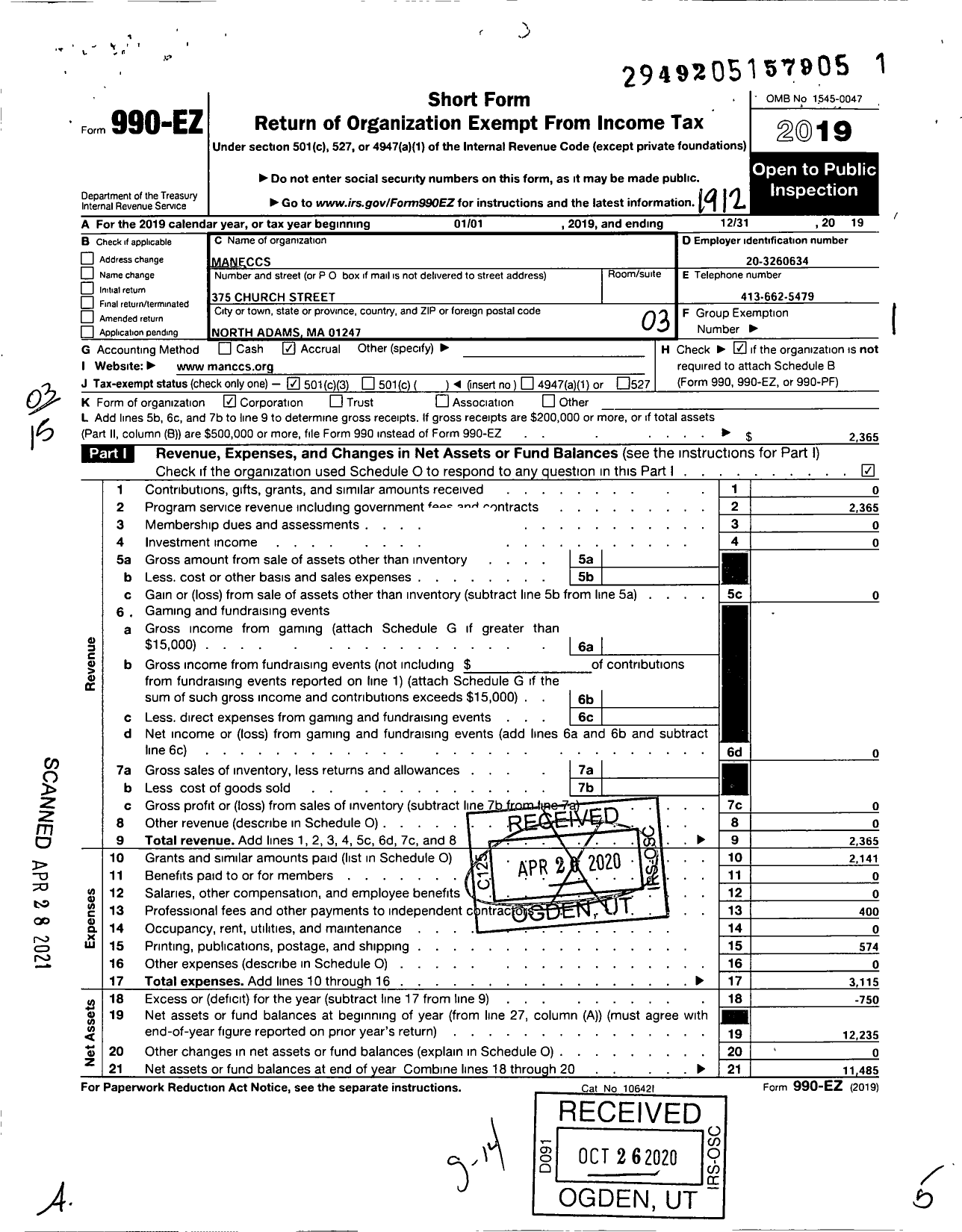 Image of first page of 2019 Form 990EZ for Maneccs