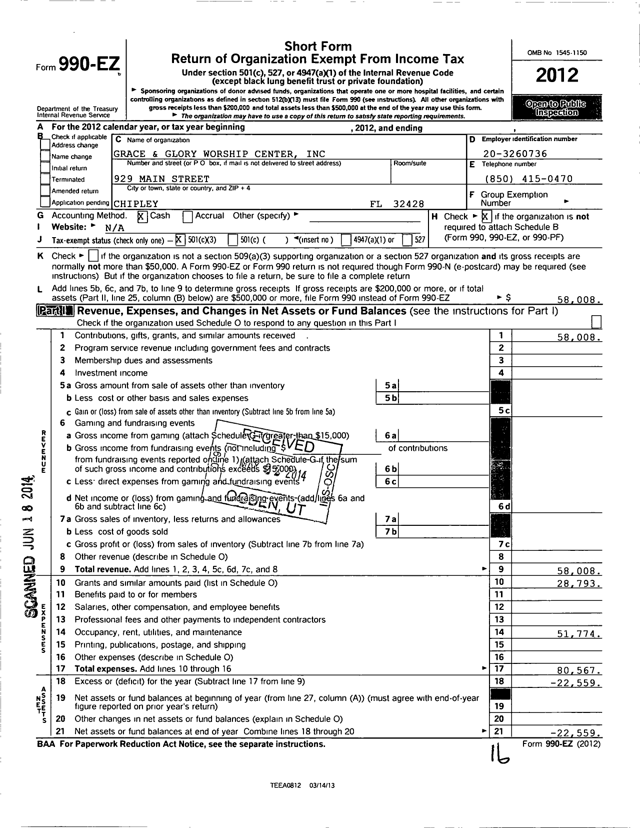 Image of first page of 2012 Form 990EZ for Grace and Glory Worship Center