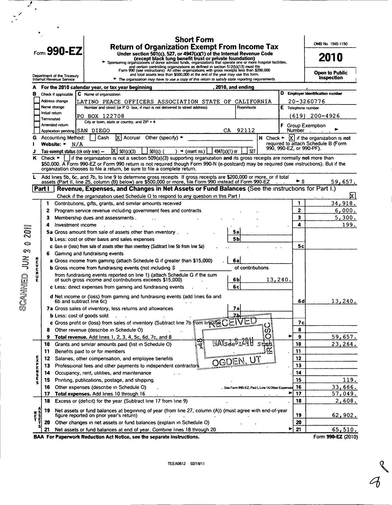 Image of first page of 2010 Form 990EZ for Latino Peace Officers Association State of California