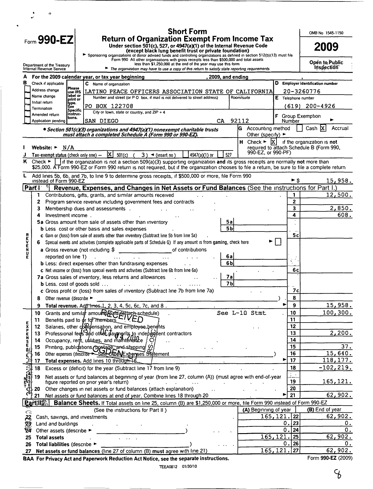 Image of first page of 2009 Form 990EZ for Latino Peace Officers Association State of California