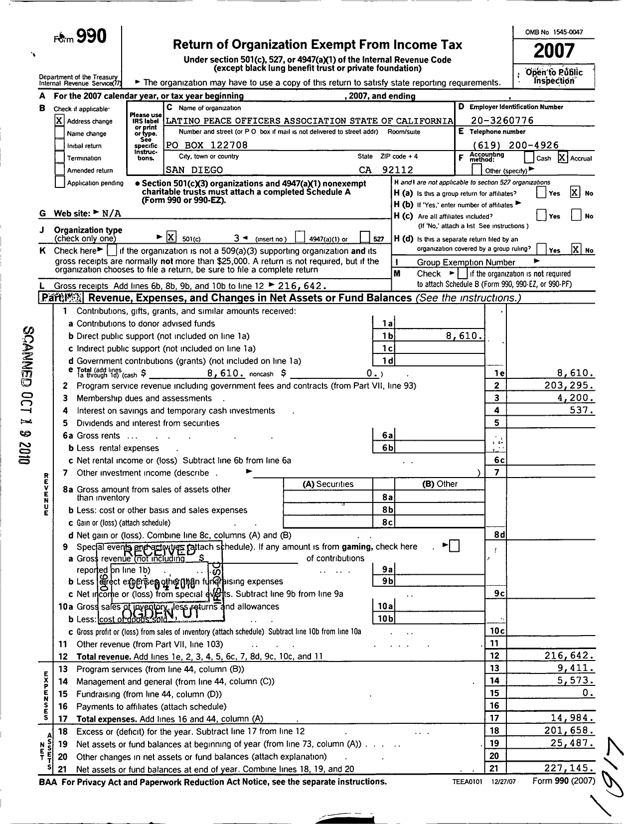 Image of first page of 2007 Form 990 for Latino Peace Officers Association State of California