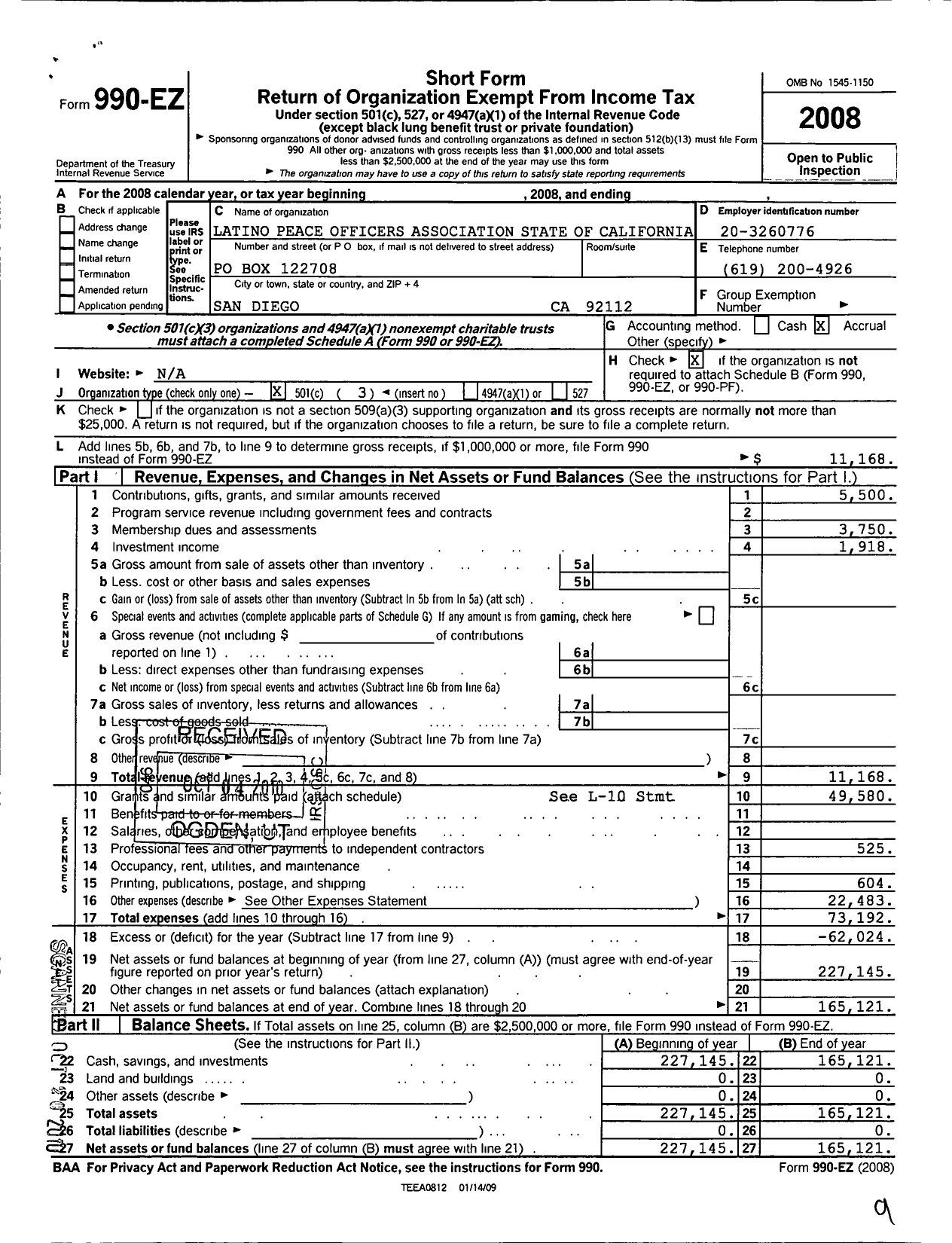 Image of first page of 2008 Form 990EZ for Latino Peace Officers Association State of California