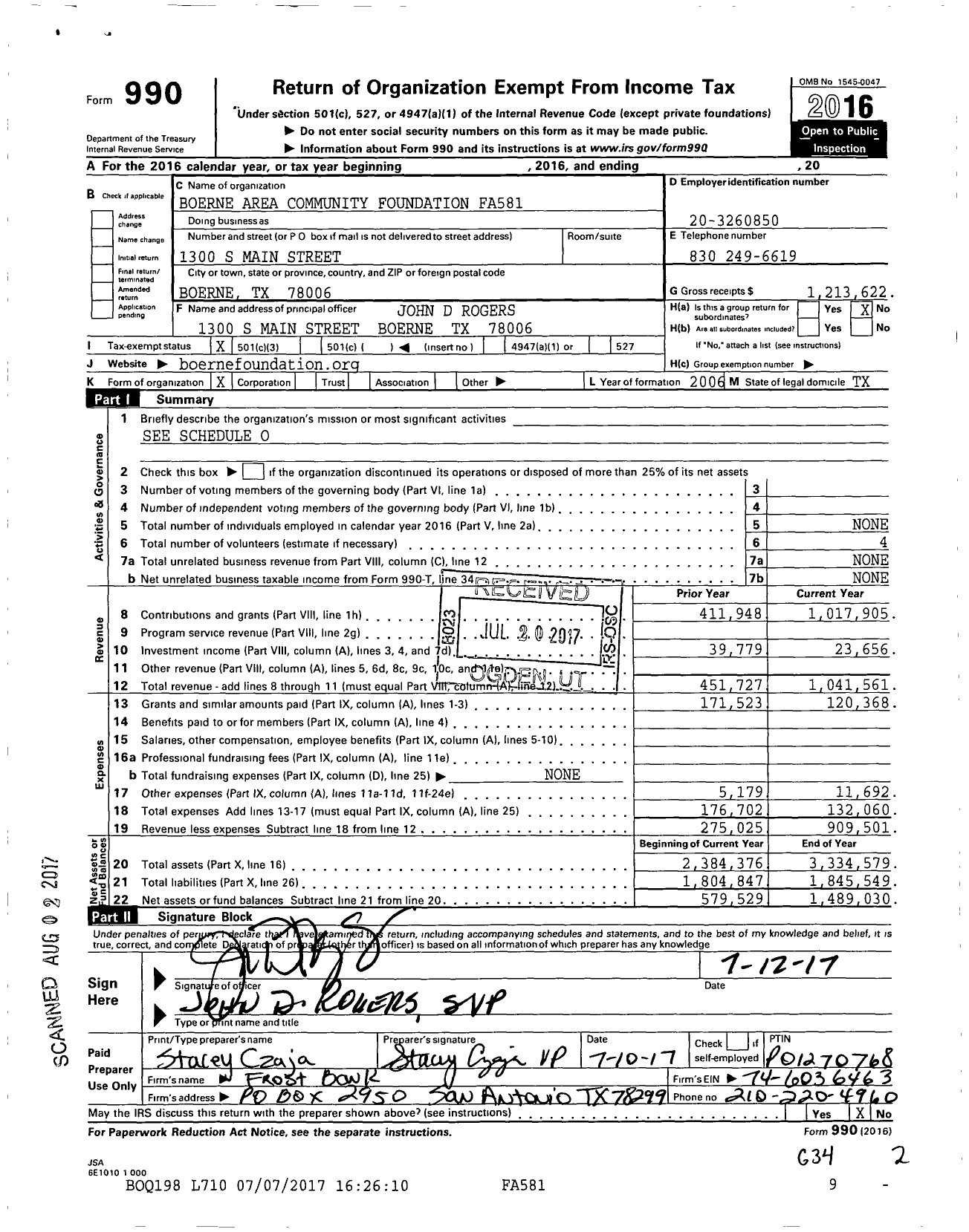 Image of first page of 2016 Form 990 for Boerne Area Community Foundation Fa581