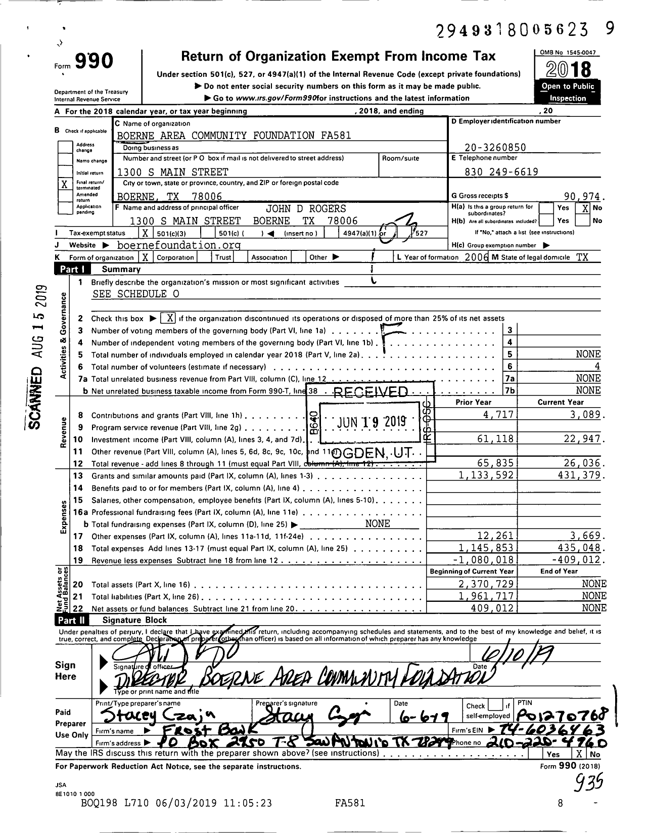 Image of first page of 2018 Form 990 for Boerne Area Community Foundation Fa581