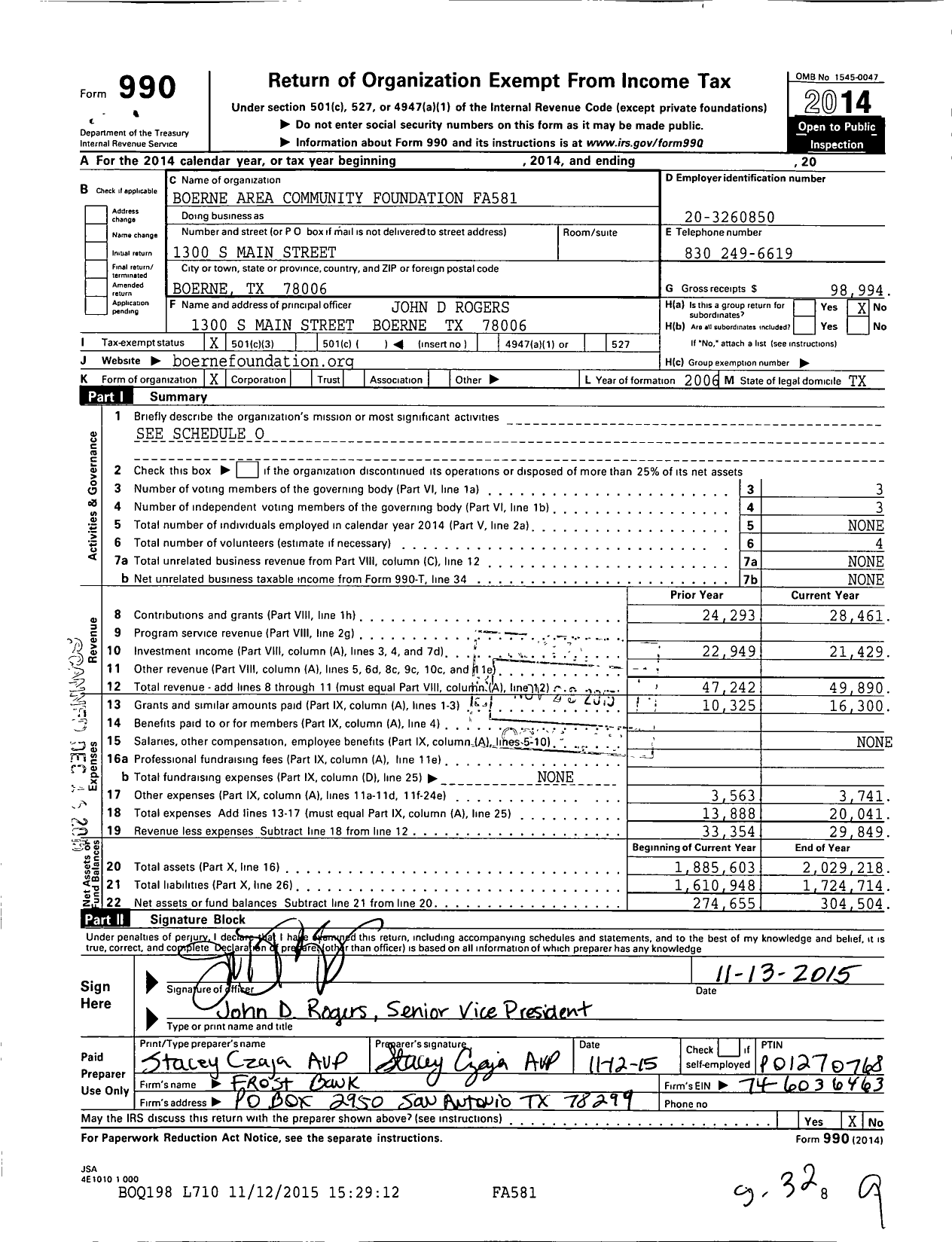 Image of first page of 2014 Form 990 for Boerne Area Community Foundation Fa581