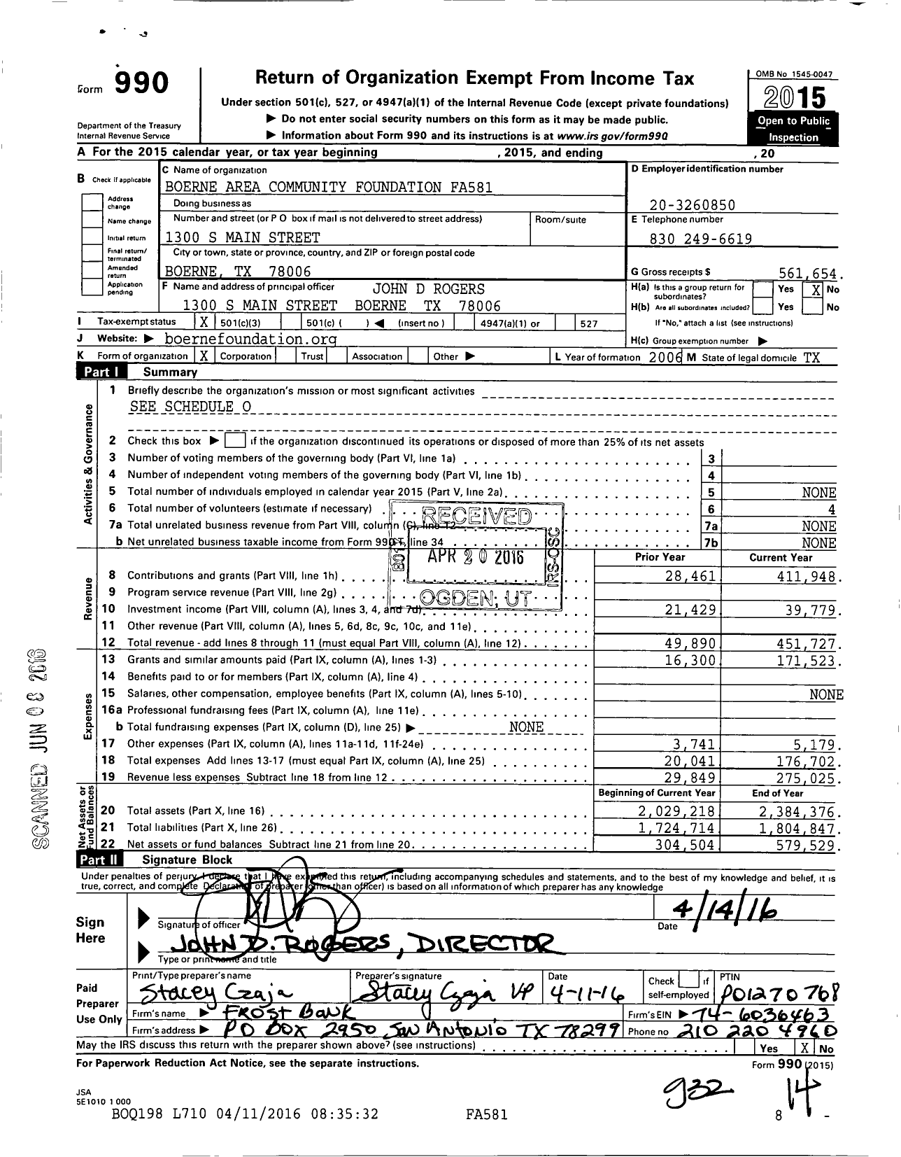 Image of first page of 2015 Form 990 for Boerne Area Community Foundation Fa581