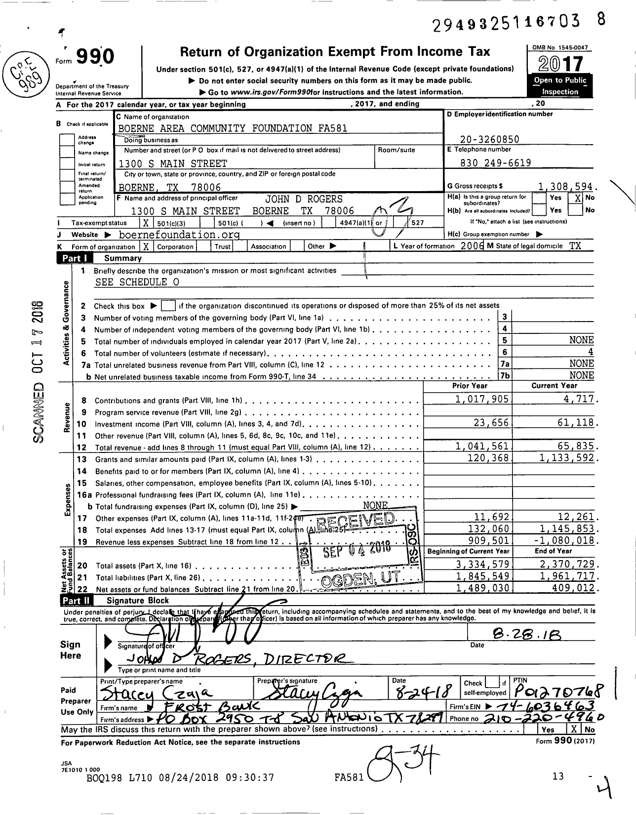 Image of first page of 2017 Form 990 for Boerne Area Community Foundation Fa581