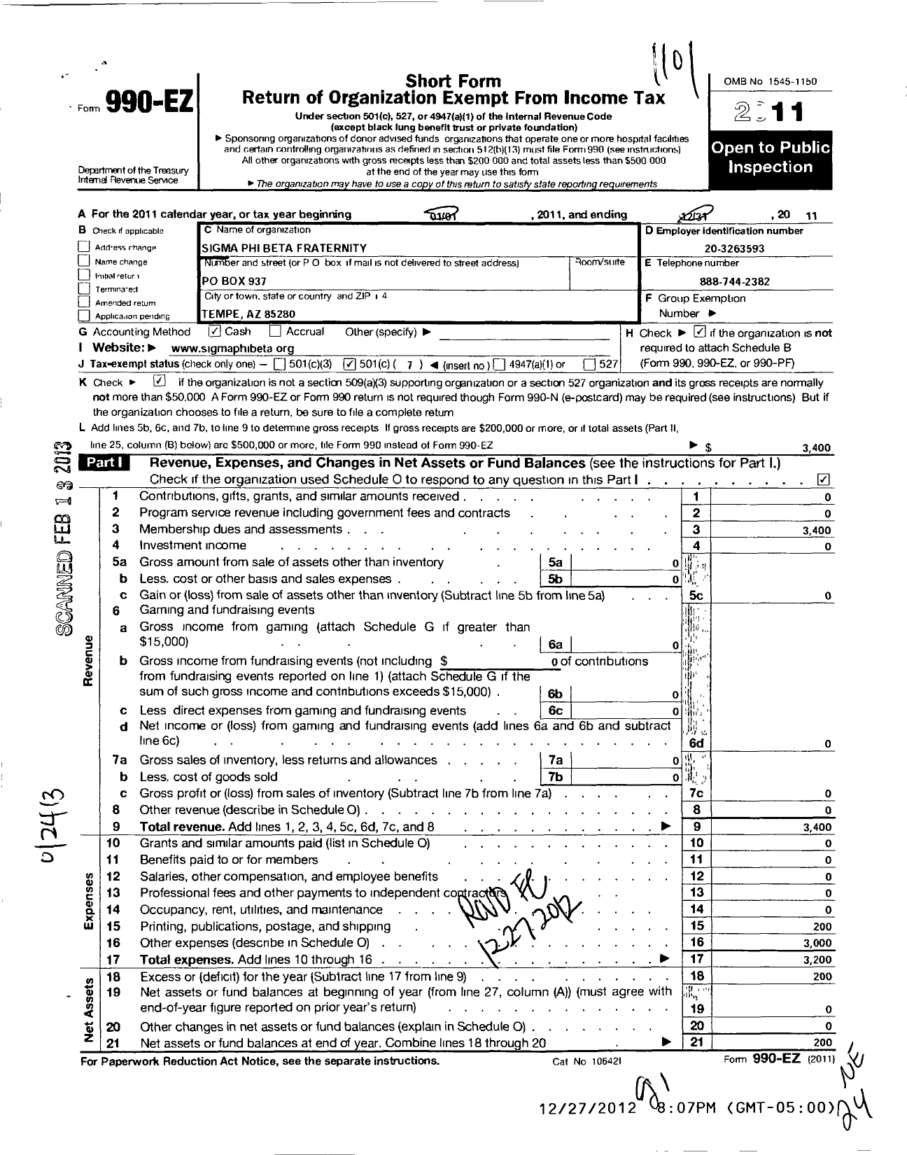 Image of first page of 2010 Form 990EO for Sigma Phi Beta Fraternity