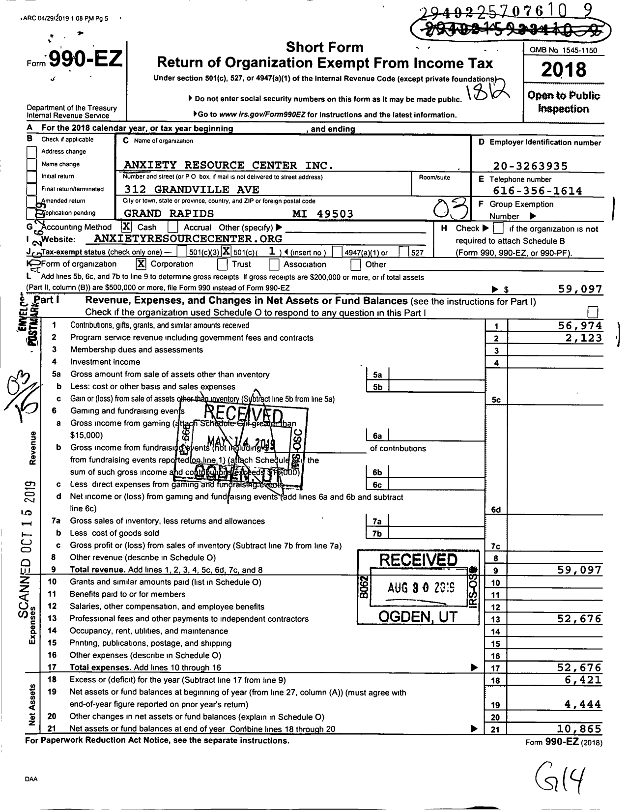 Image of first page of 2018 Form 990EZ for Anxiety Resource Center