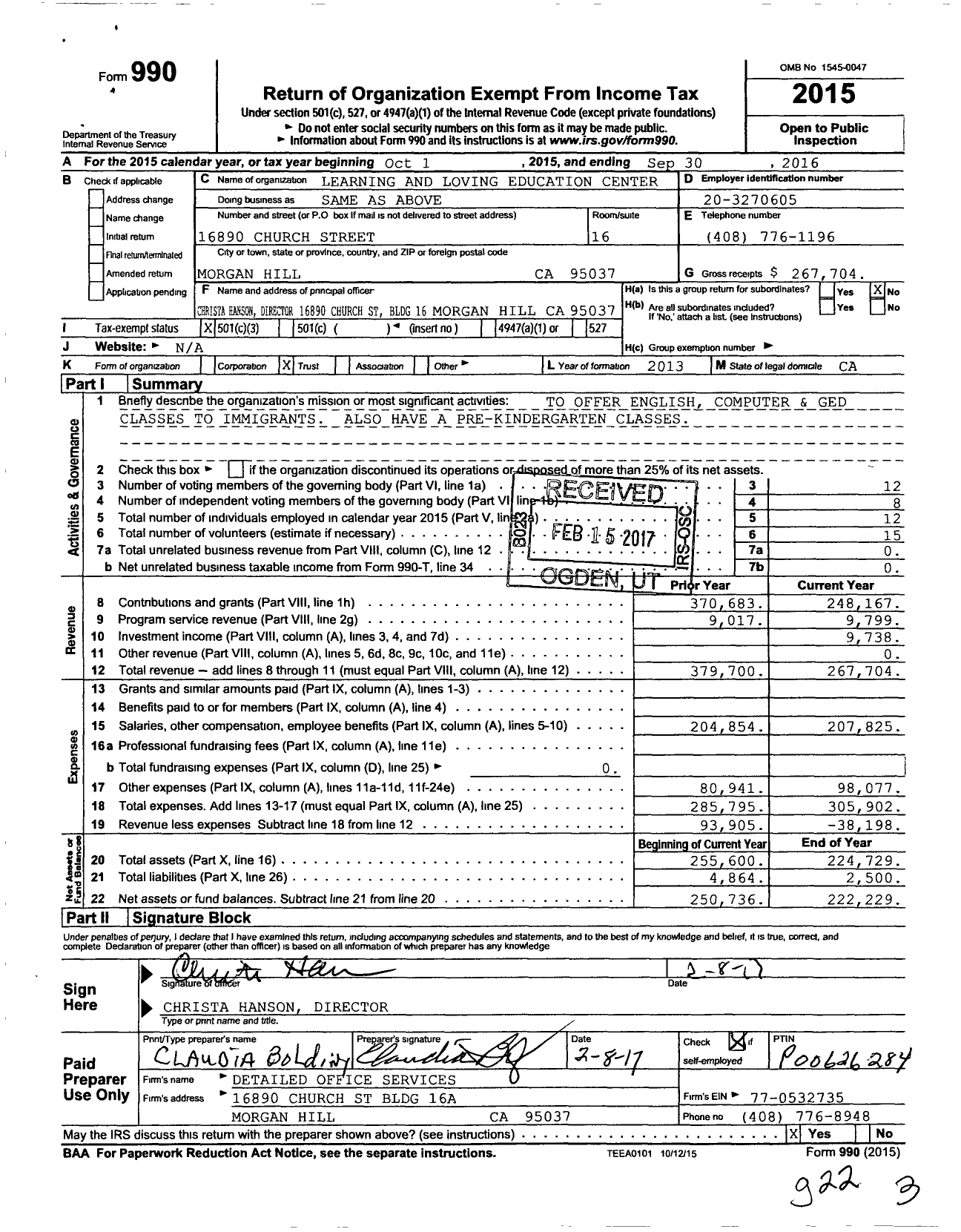 Image of first page of 2015 Form 990 for Learning and Loving Education Center