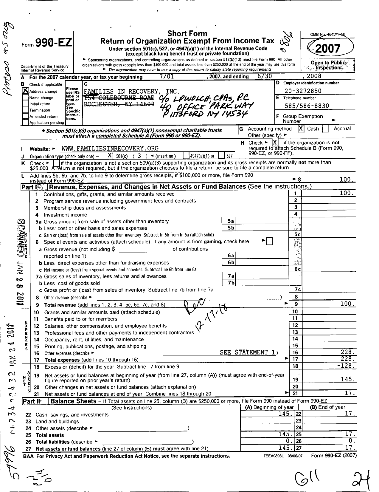 Image of first page of 2007 Form 990EZ for Families in Recovery