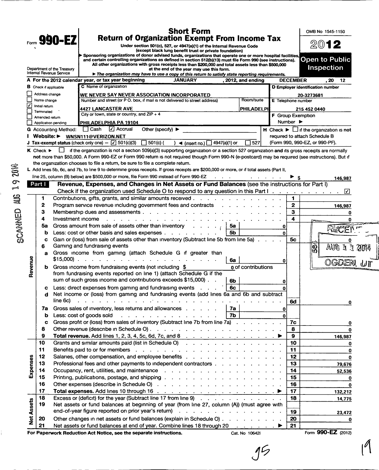 Image of first page of 2012 Form 990EZ for We Never Say Never Association Incorporated