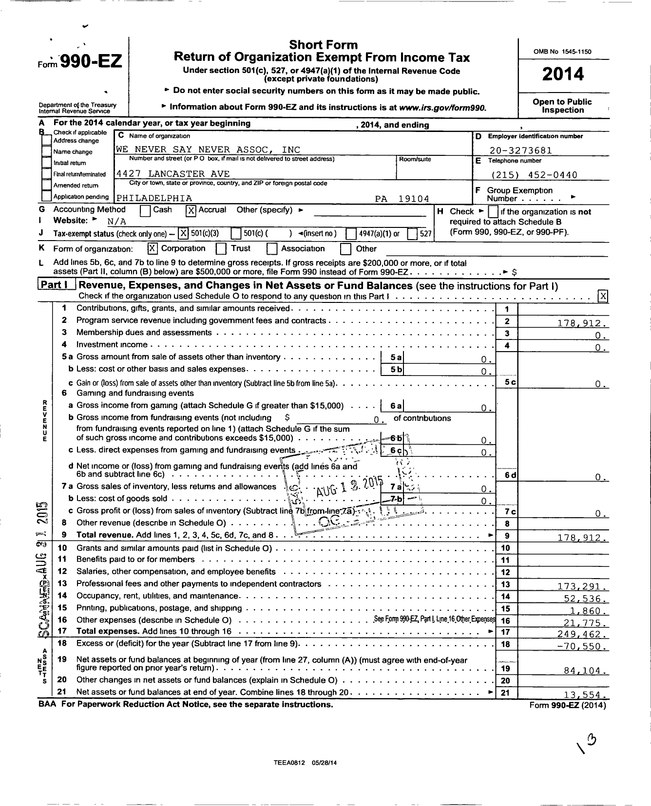 Image of first page of 2014 Form 990EZ for We Never Say Never Association Incorporated