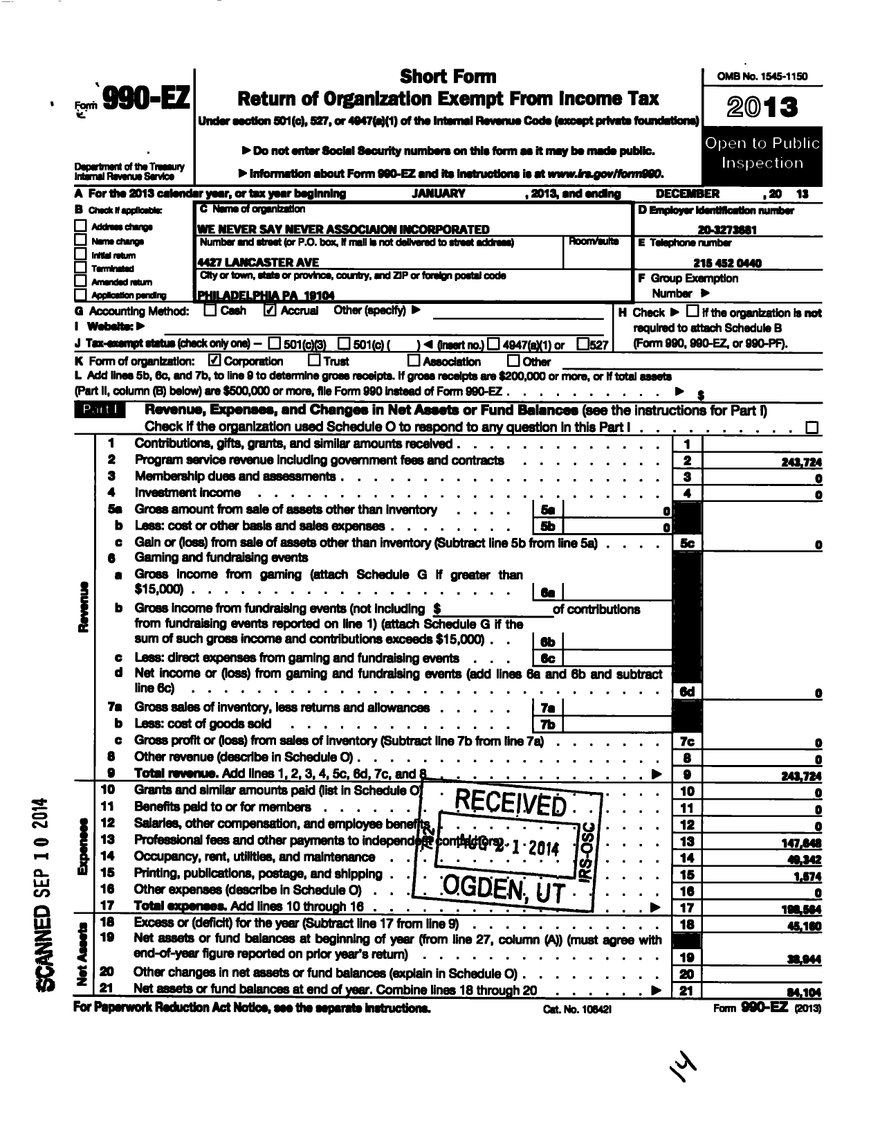 Image of first page of 2013 Form 990EO for We Never Say Never Association Incorporated