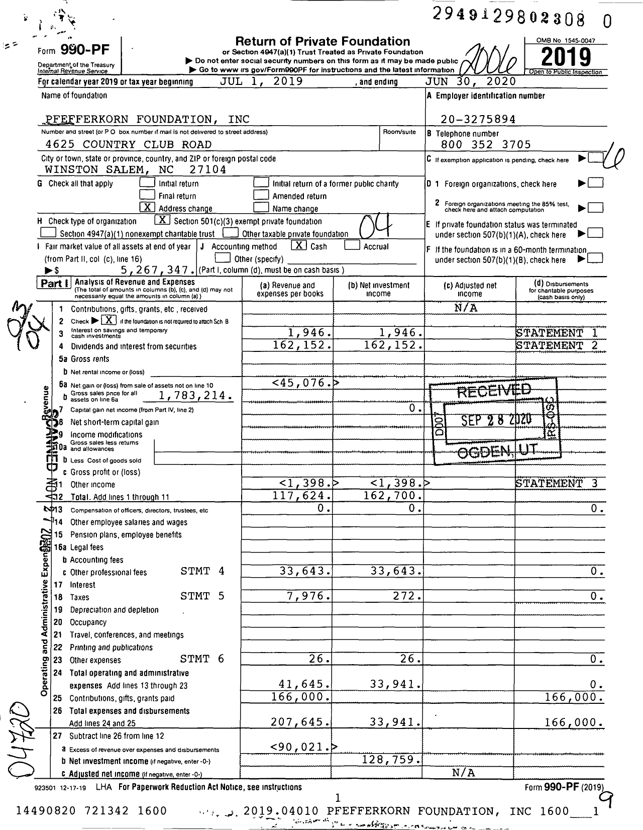 Image of first page of 2019 Form 990PF for Pfefferkorn Foundation