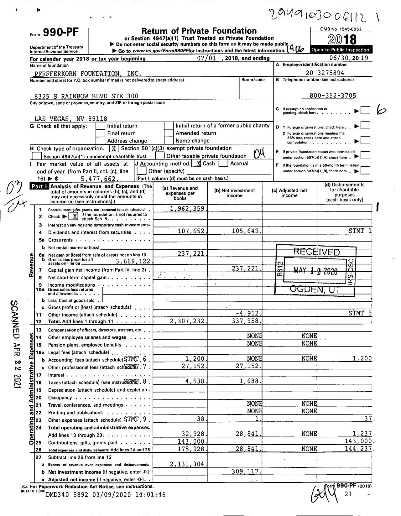 Image of first page of 2018 Form 990PF for Pfefferkorn Foundation