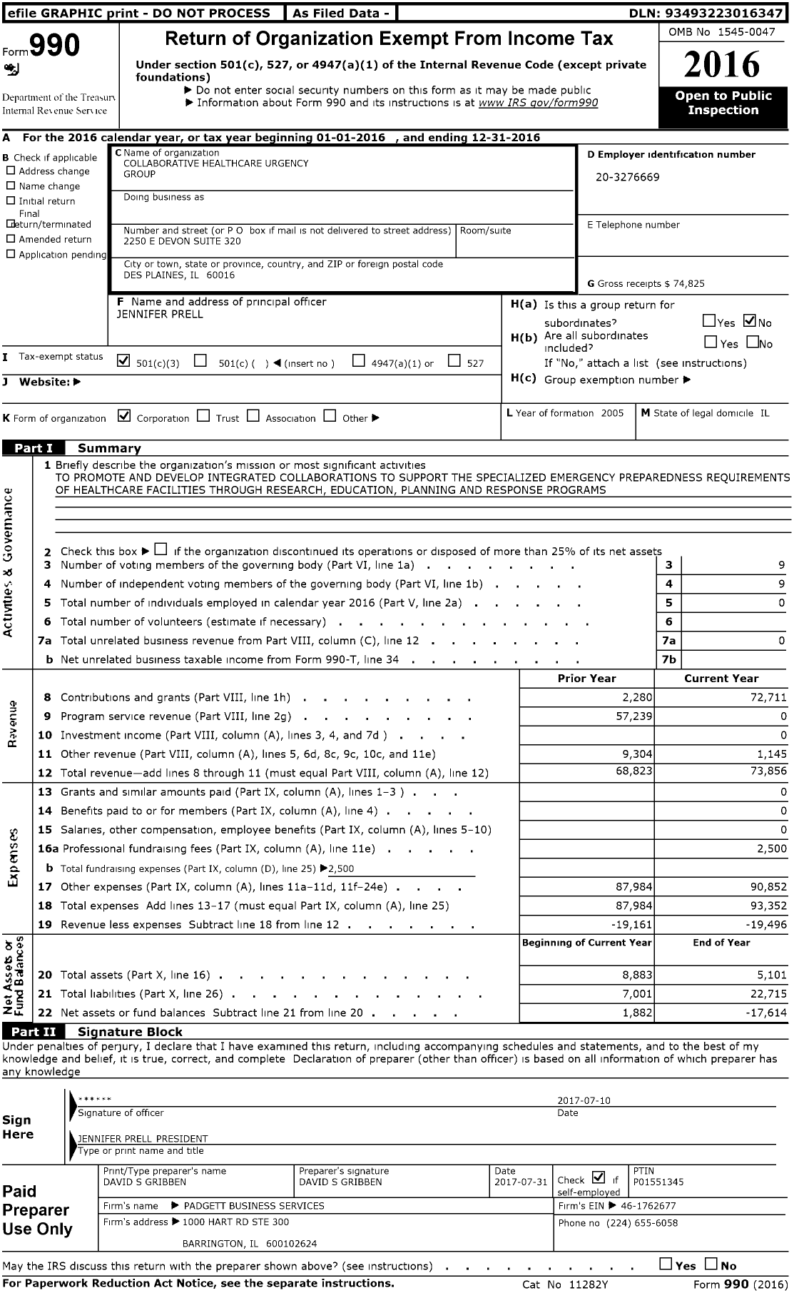 Image of first page of 2016 Form 990 for Collaborative Healthcare Urgency Group