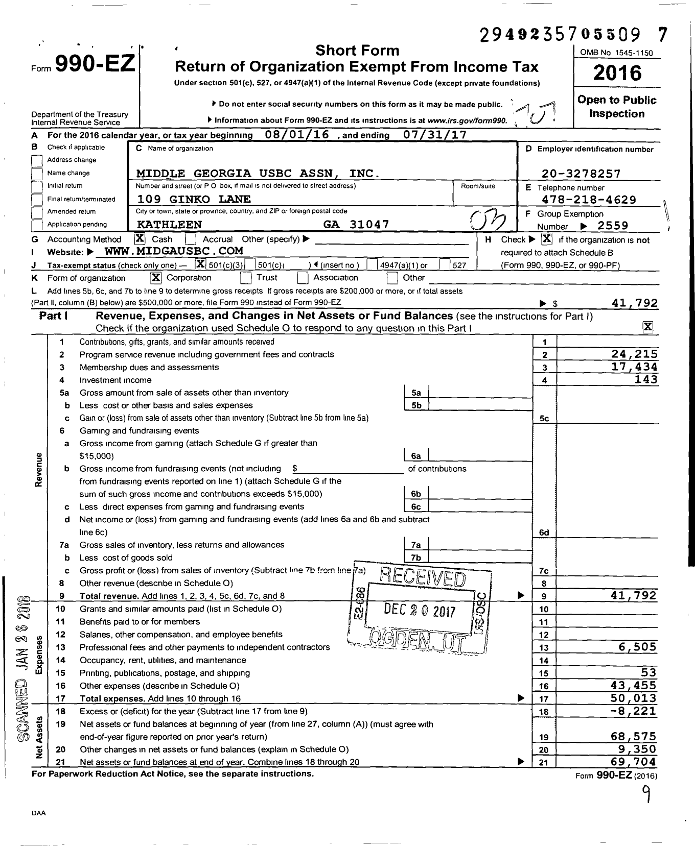 Image of first page of 2016 Form 990EZ for United States Bowling Congress - 82062 Middle Georgia Usbc