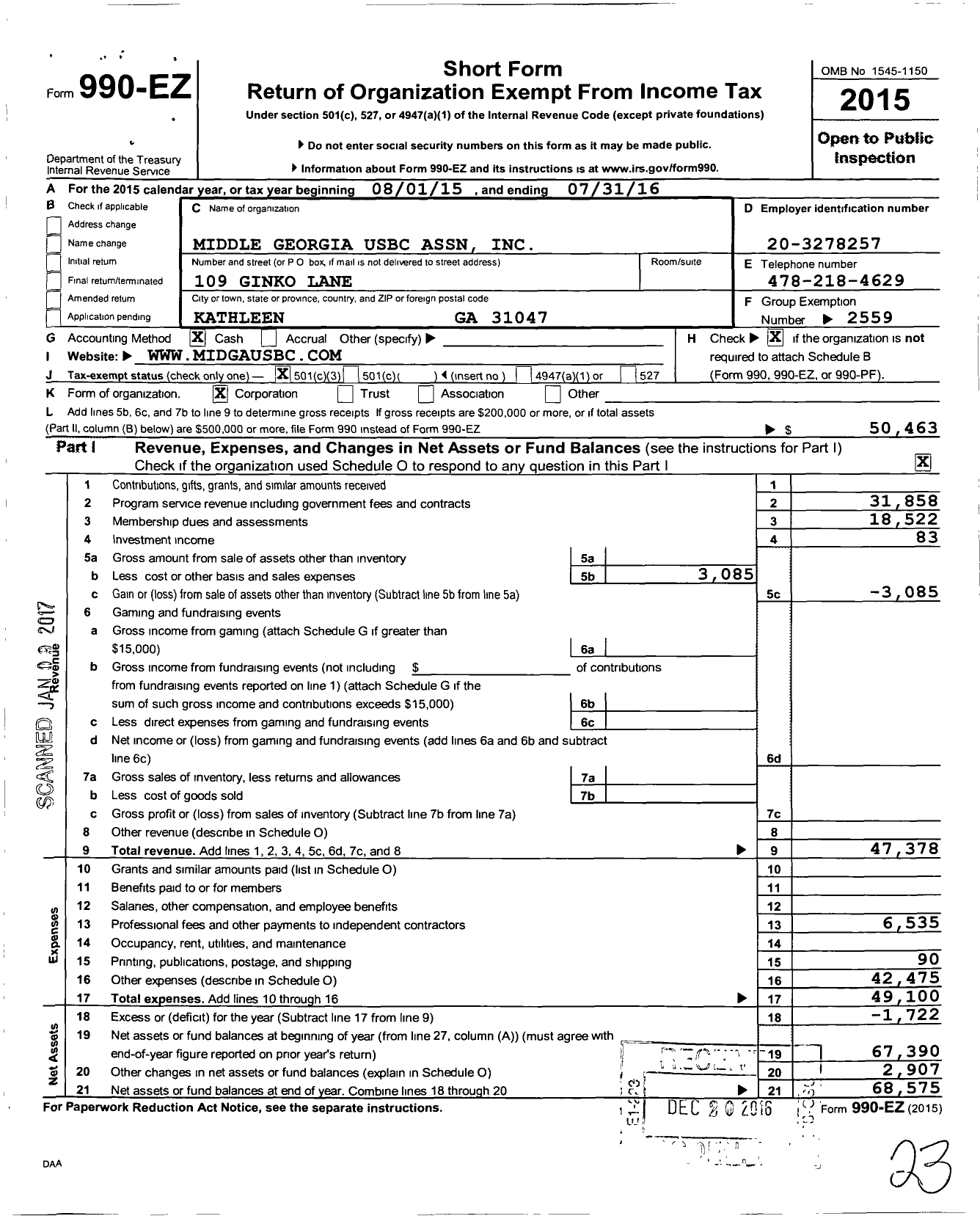 Image of first page of 2015 Form 990EZ for United States Bowling Congress - 82062 Middle Georgia Usbc
