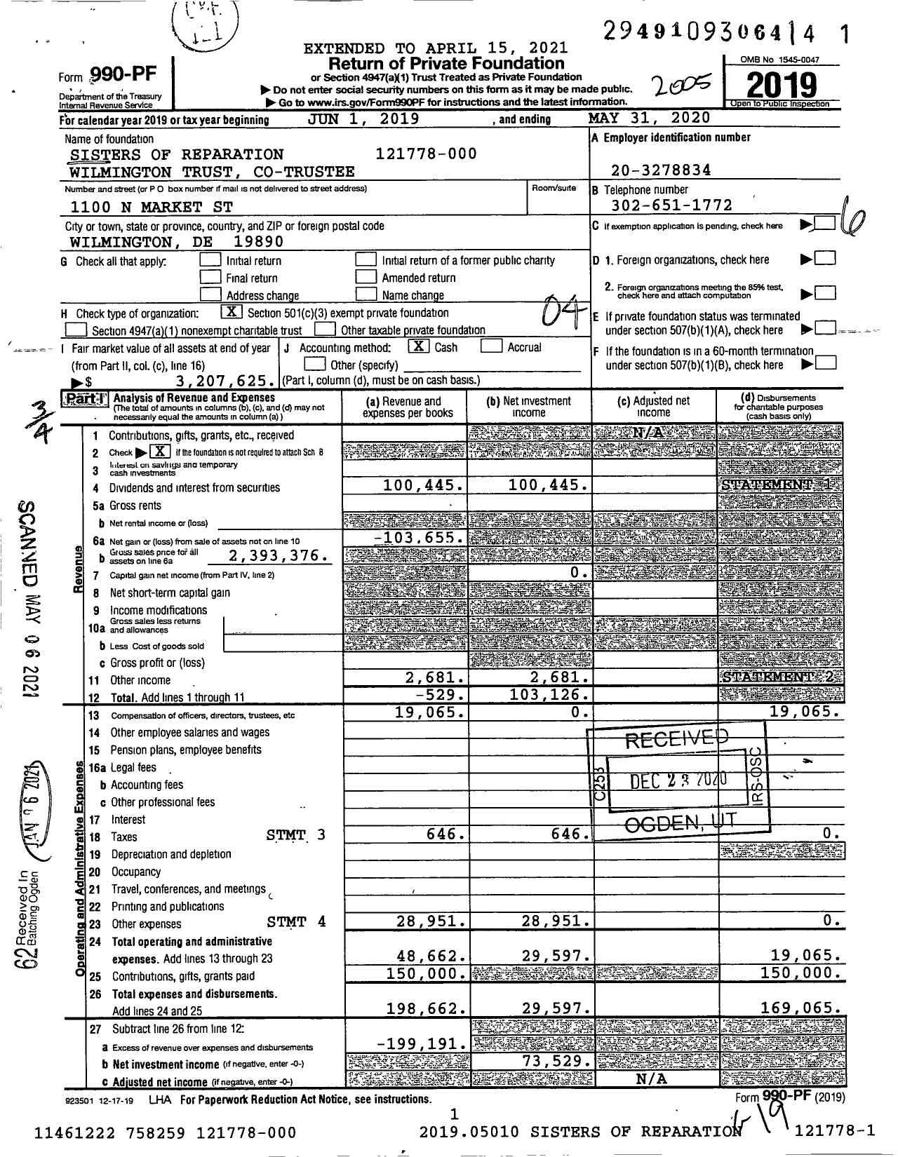 Image of first page of 2019 Form 990PF for Sisters of Reparation Charitable Trust