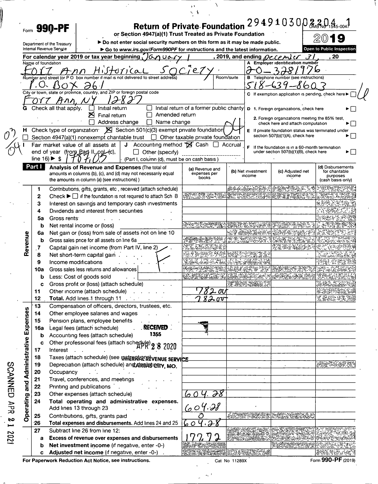 Image of first page of 2019 Form 990PF for Fort Ann Historical Society