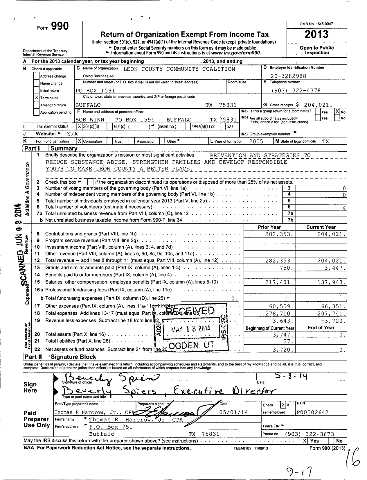 Image of first page of 2013 Form 990 for Leon County Community Coalition