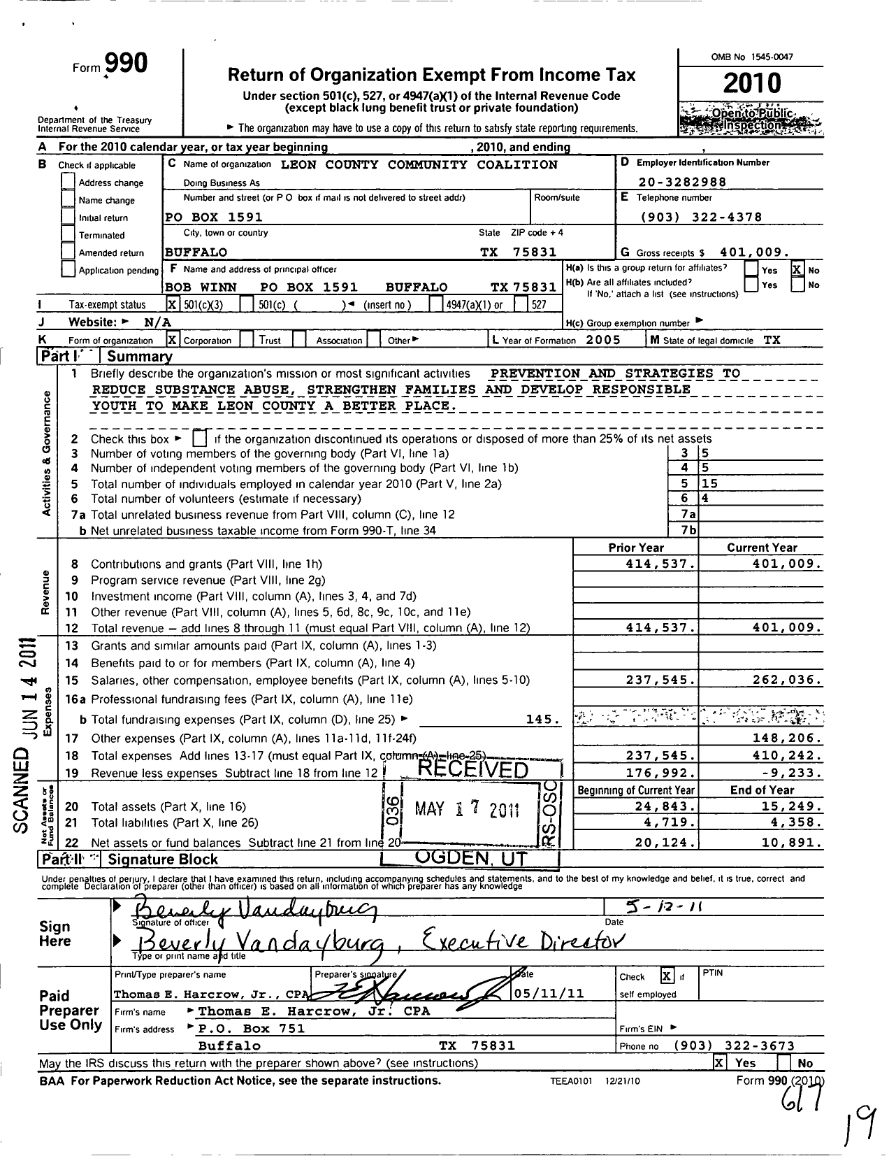 Image of first page of 2010 Form 990 for Leon County Community Coalition