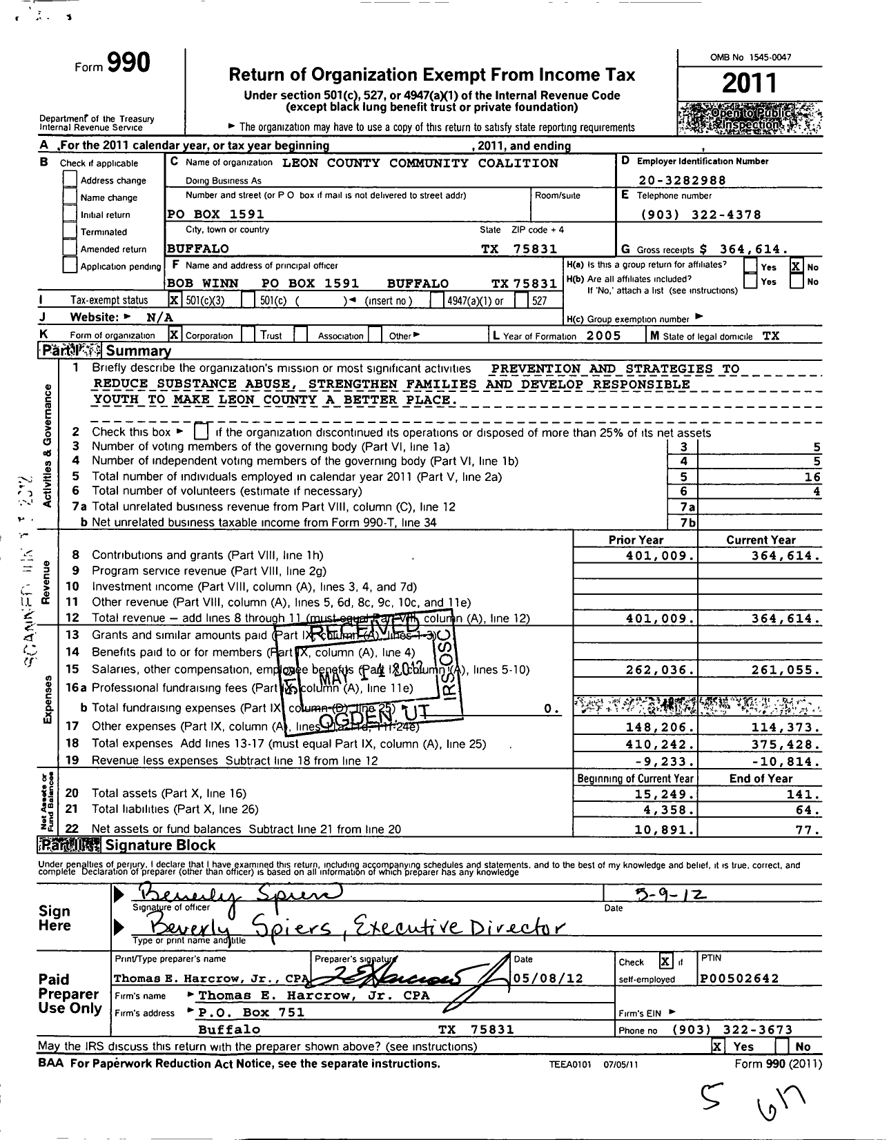 Image of first page of 2011 Form 990 for Leon County Community Coalition