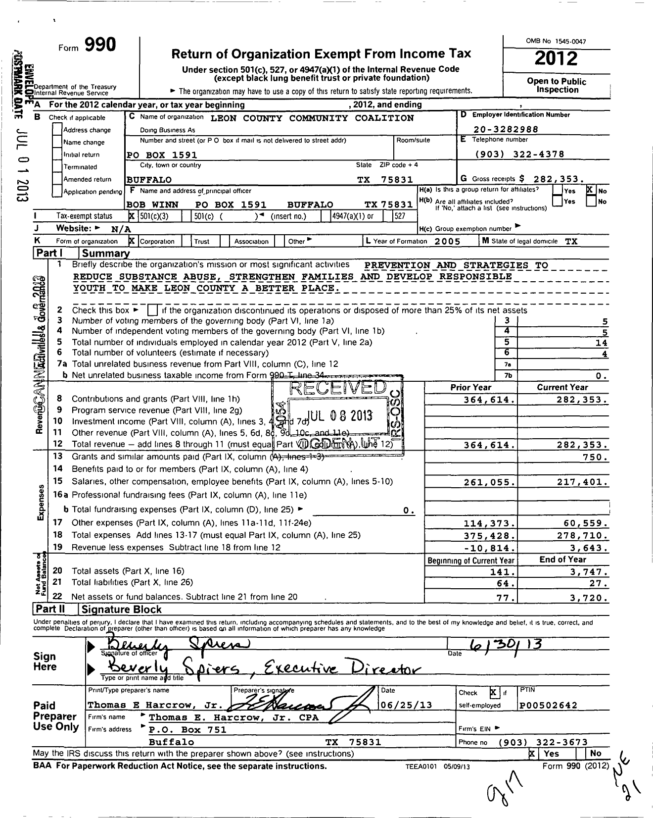 Image of first page of 2012 Form 990 for Leon County Community Coalition