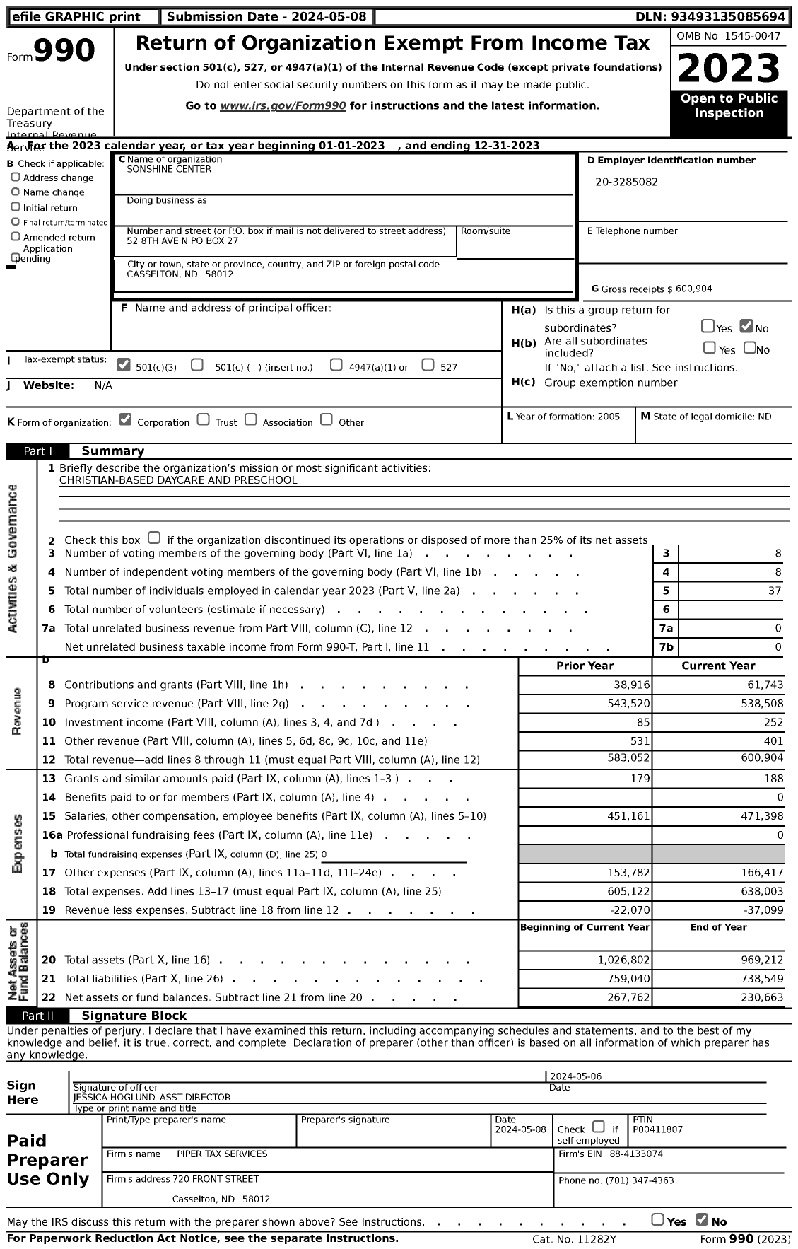 Image of first page of 2023 Form 990 for Sonshine Center