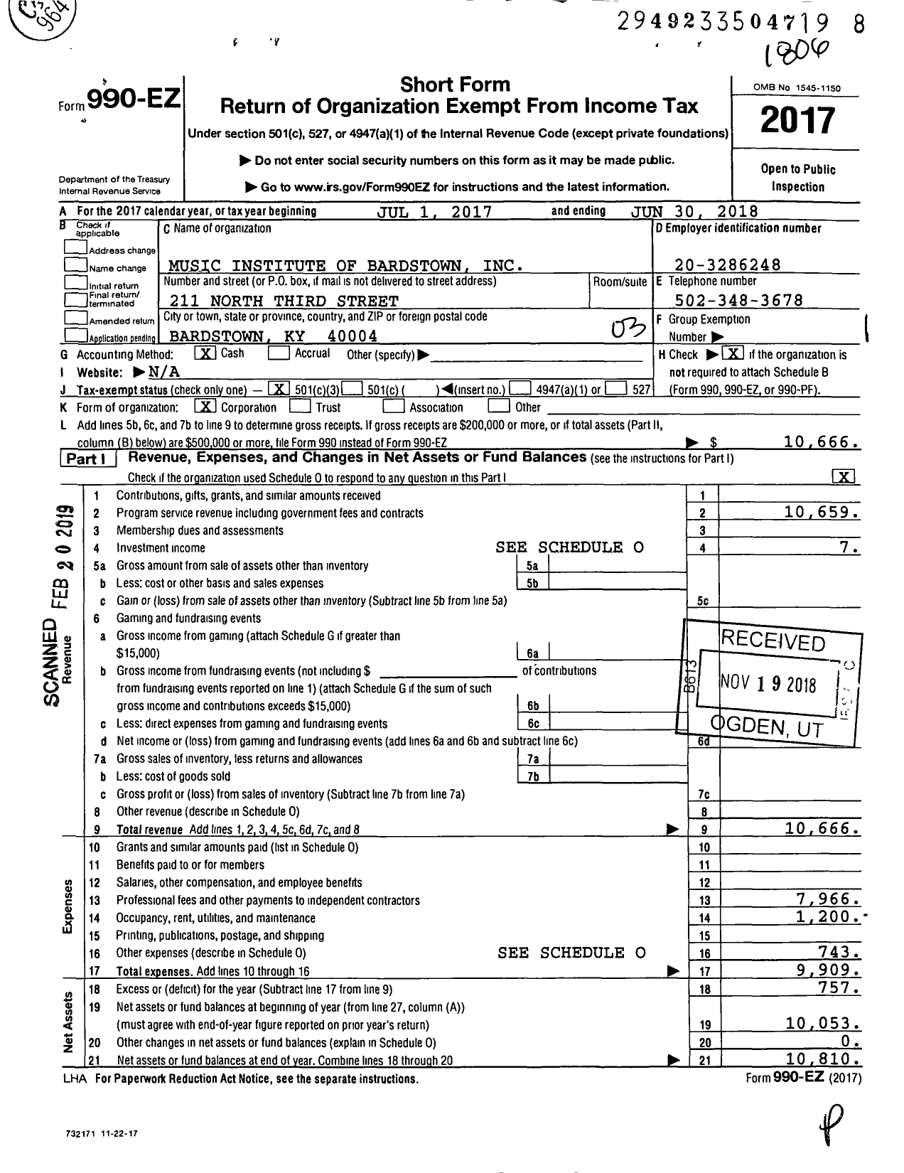 Image of first page of 2017 Form 990EZ for Music Institute of Bardstown