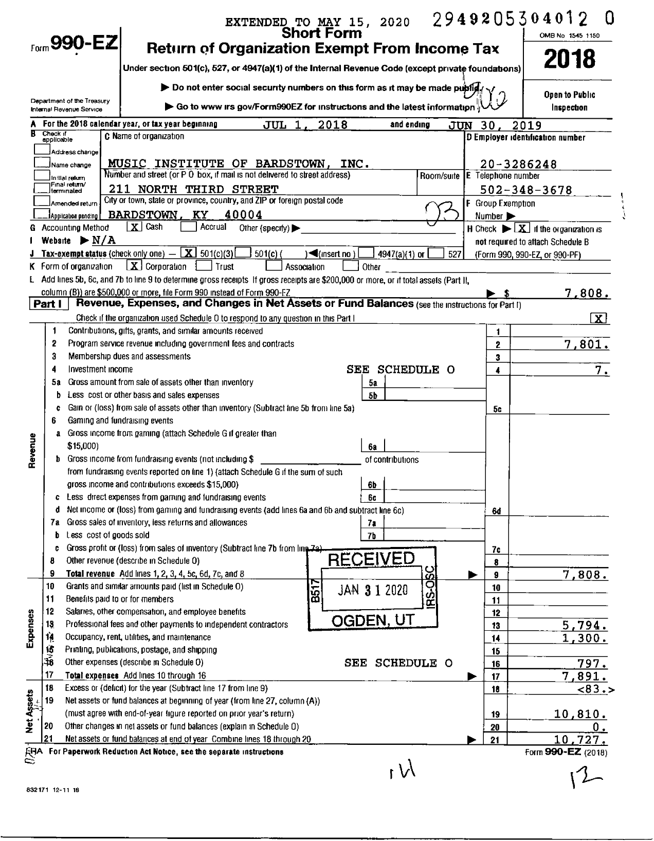 Image of first page of 2018 Form 990EZ for Music Institute of Bardstown