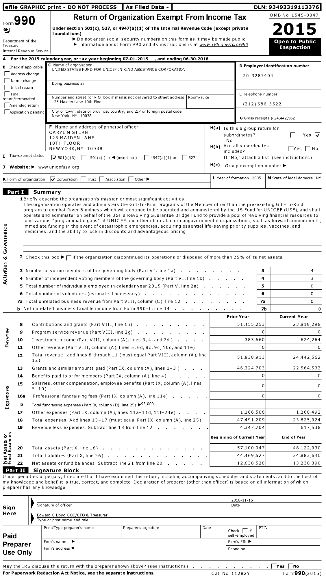 Image of first page of 2015 Form 990 for UNICEF USA Impact Fund for Children