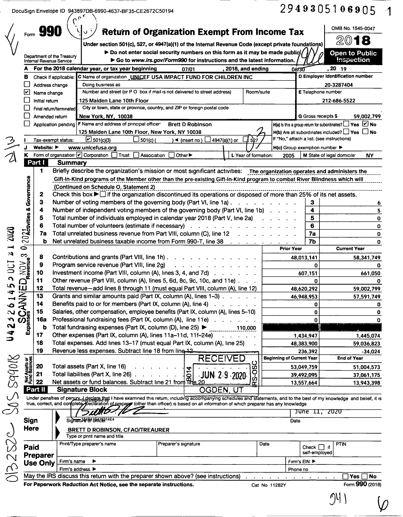 Image of first page of 2018 Form 990 for UNICEF USA Impact Fund for Children