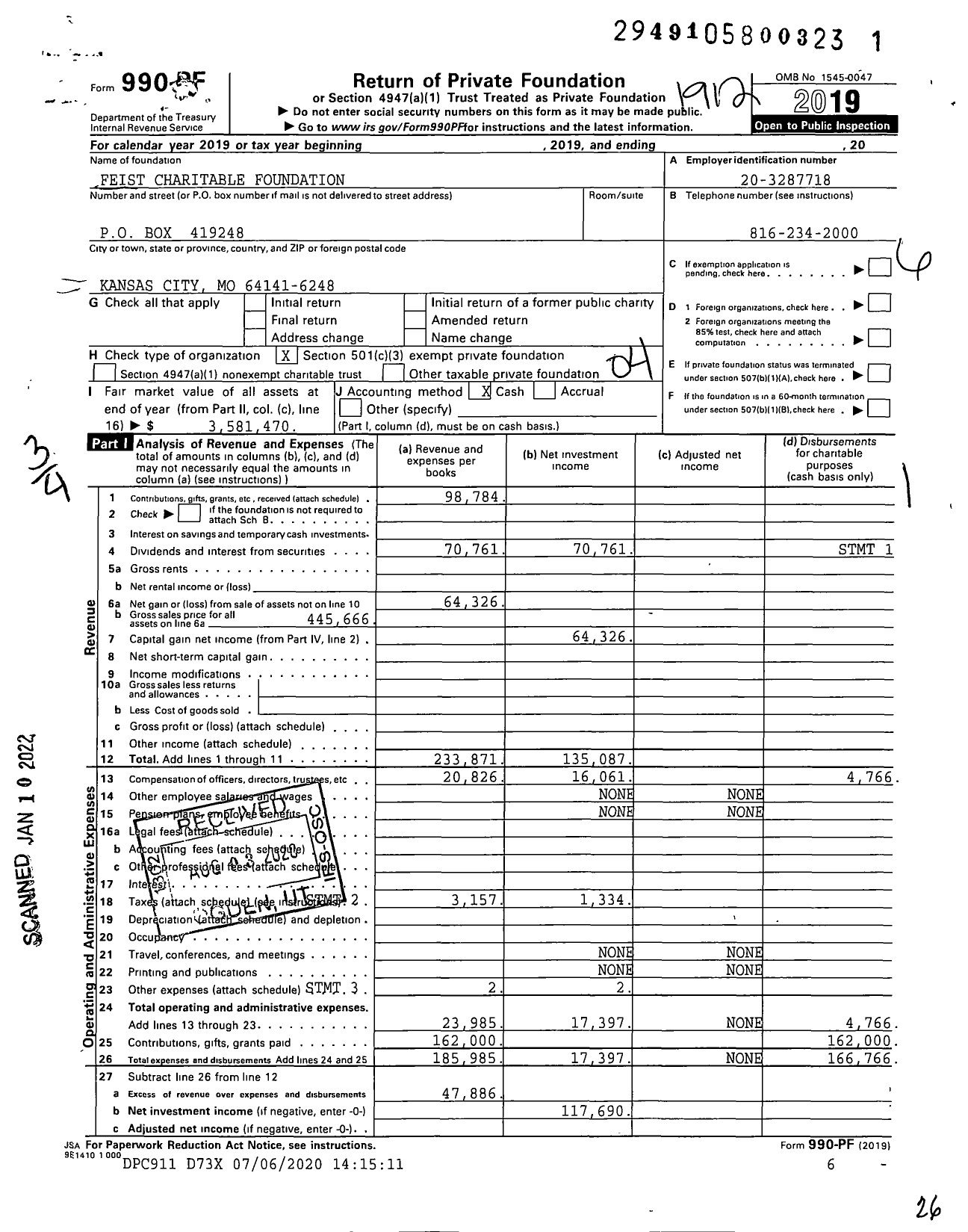 Image of first page of 2019 Form 990PF for Feist Charitable Foundation