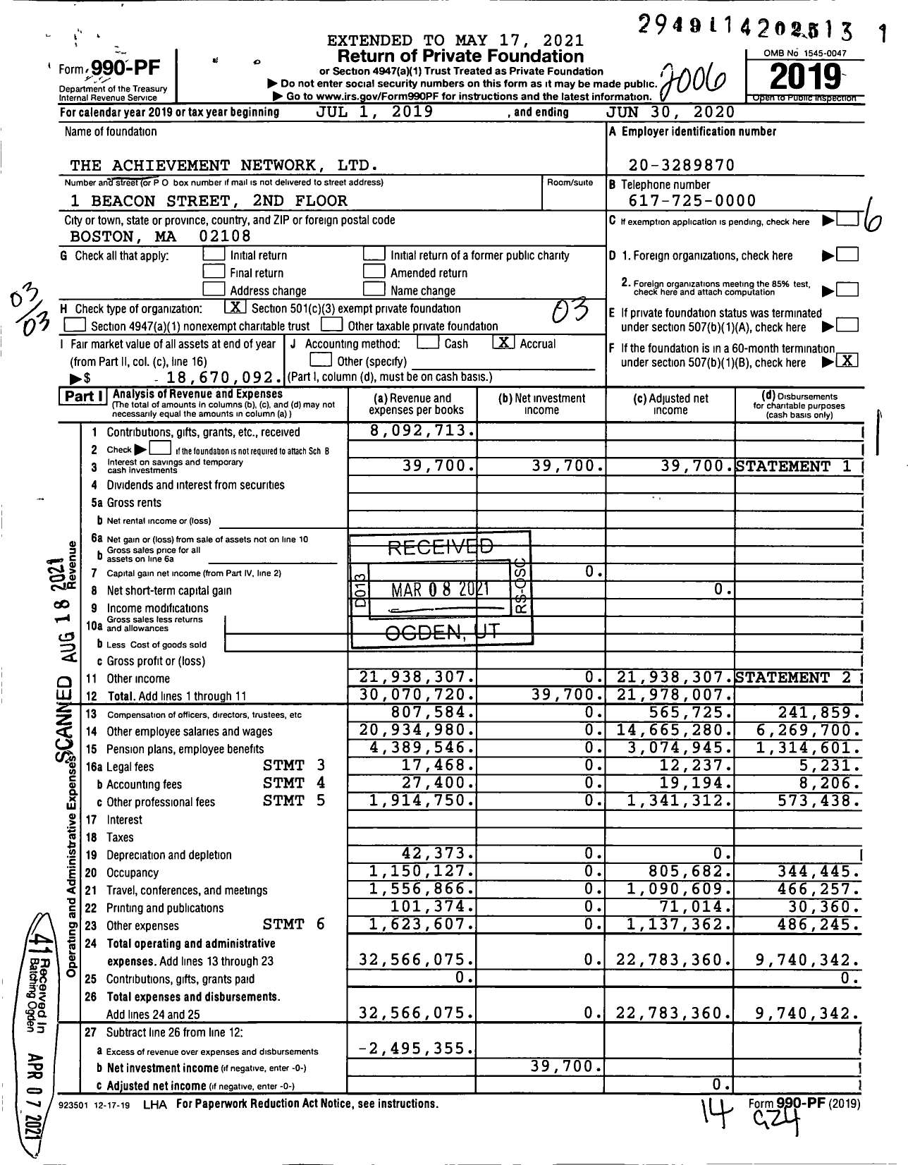 Image of first page of 2019 Form 990PF for Achievement Network (ANet)