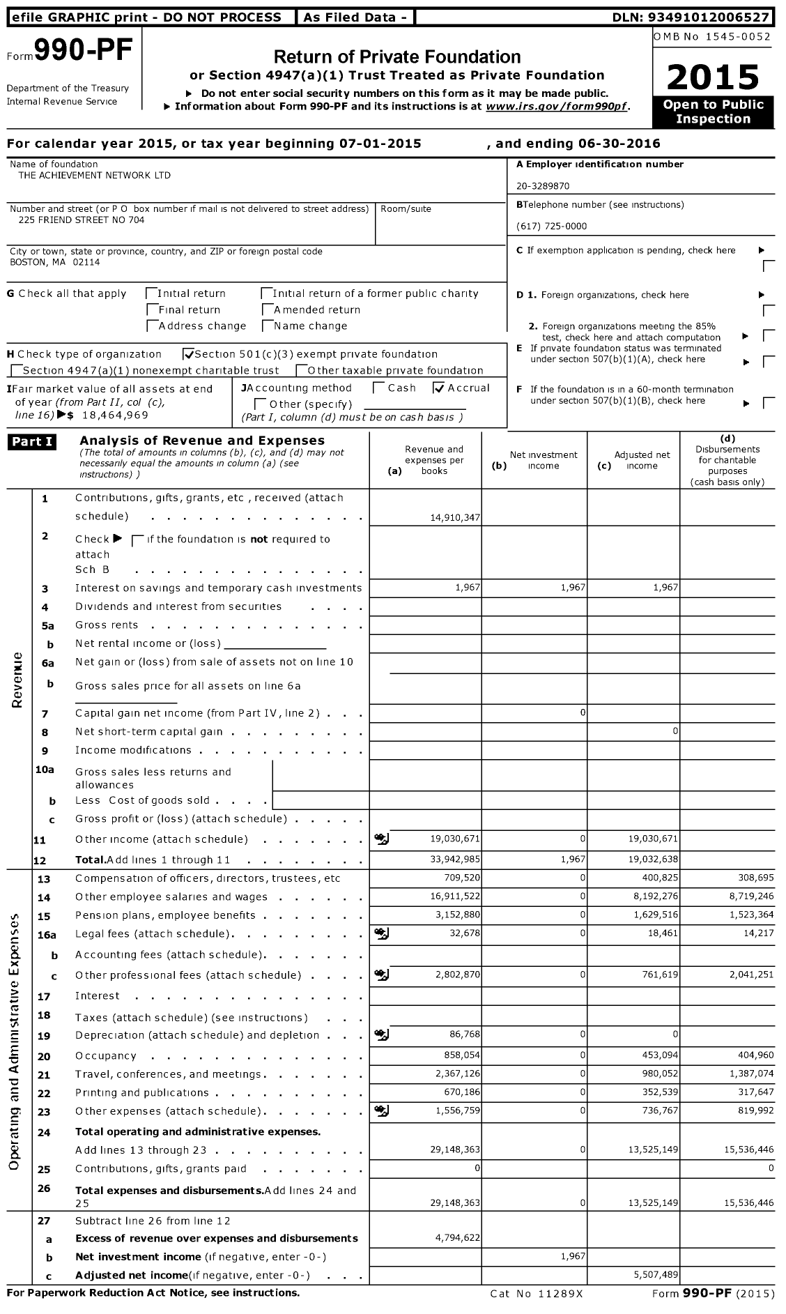Image of first page of 2015 Form 990PF for Achievement Network (ANet)