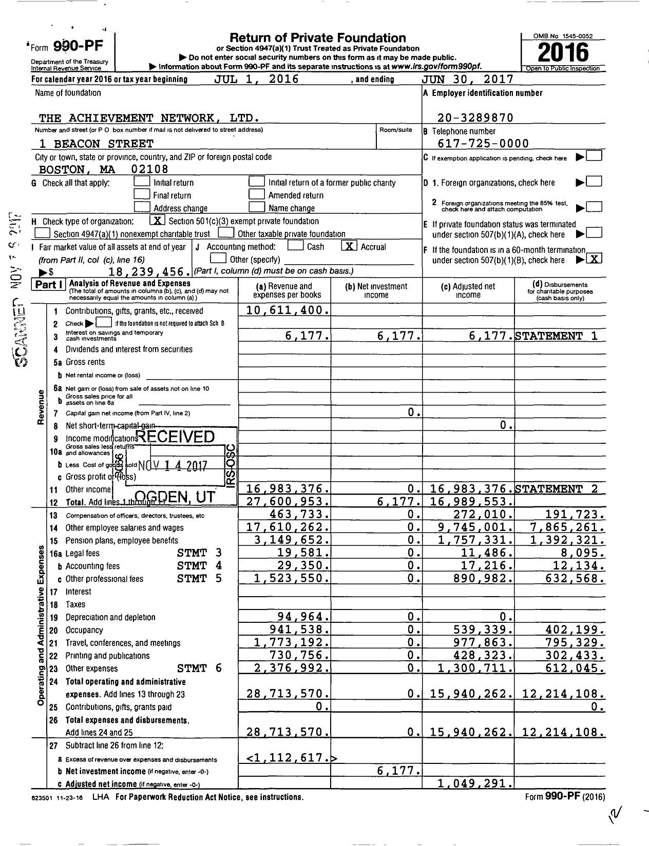 Image of first page of 2016 Form 990PF for Achievement Network (ANet)